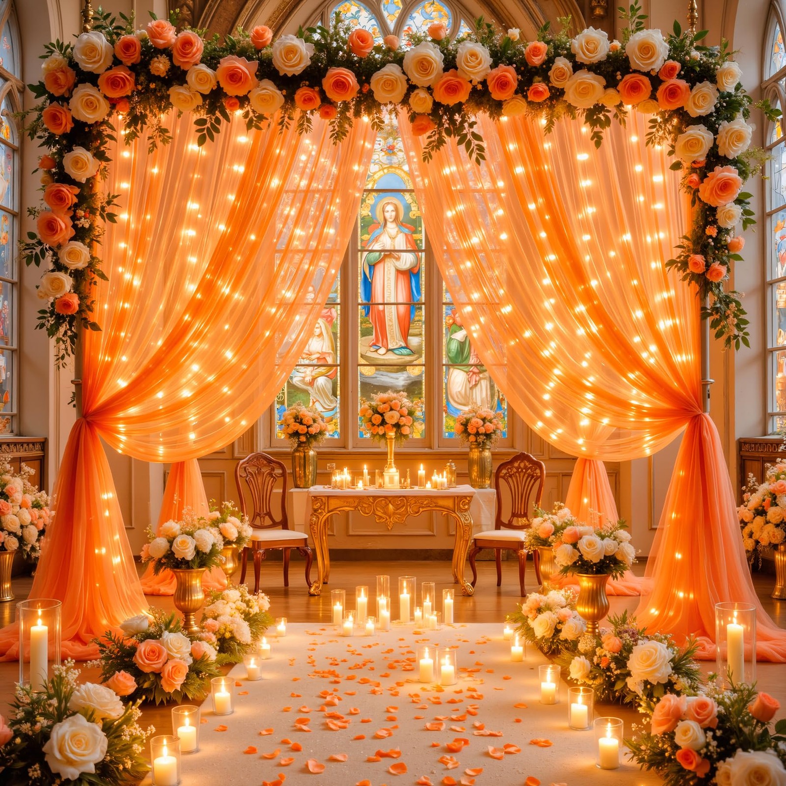 10x10ft Orange Tulle Photo Backdrop Curtain With Lights Halloween Party