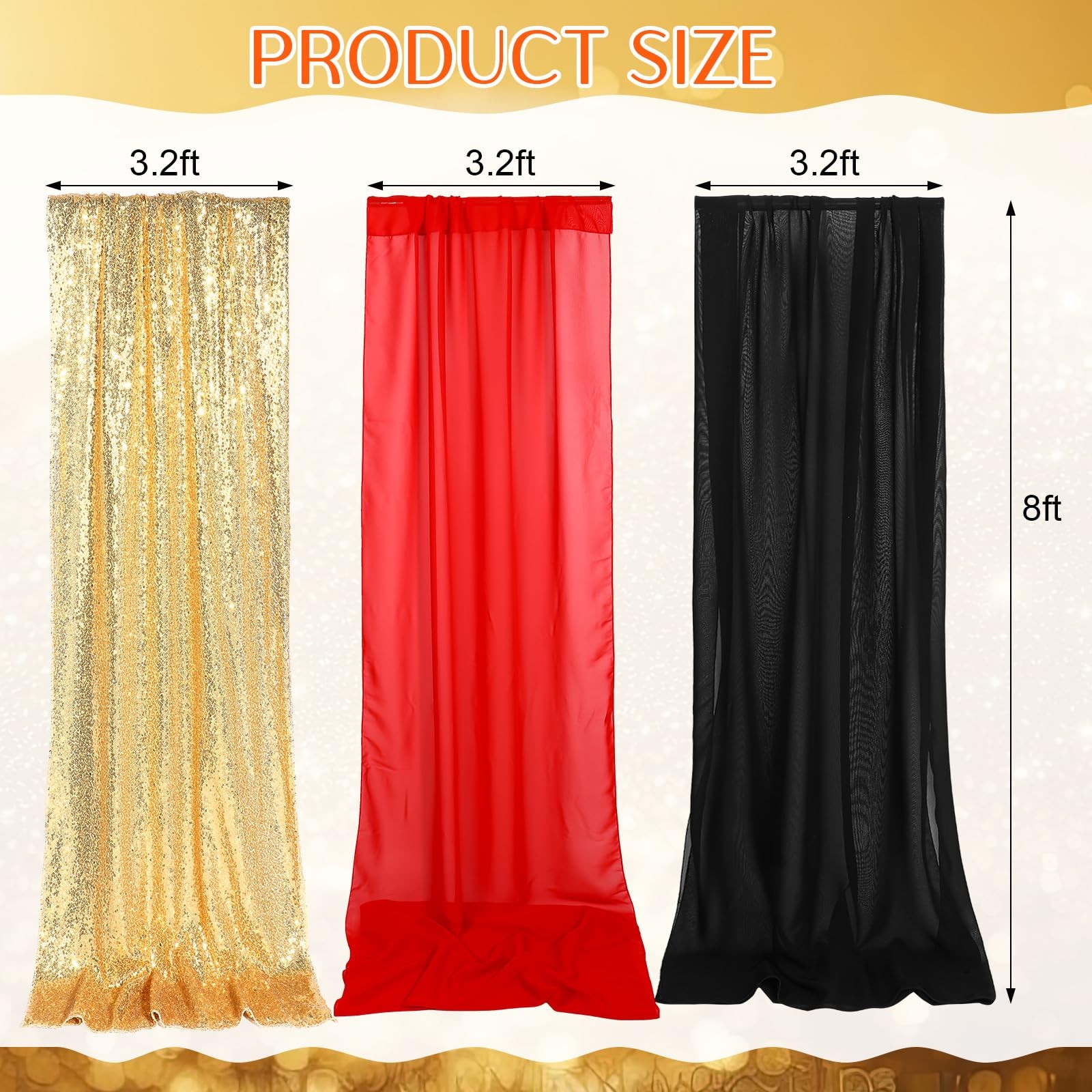 7 Pcs Red Black Gold Movie Night Sequin Backdrop Curtains with Red Carpet 2ft…