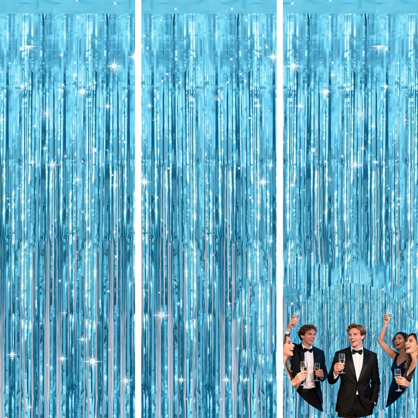 3 Pack Light Blue Tinsel Foil Fringe Curtain Party Photo Backdrop 3.2×6.5 FT