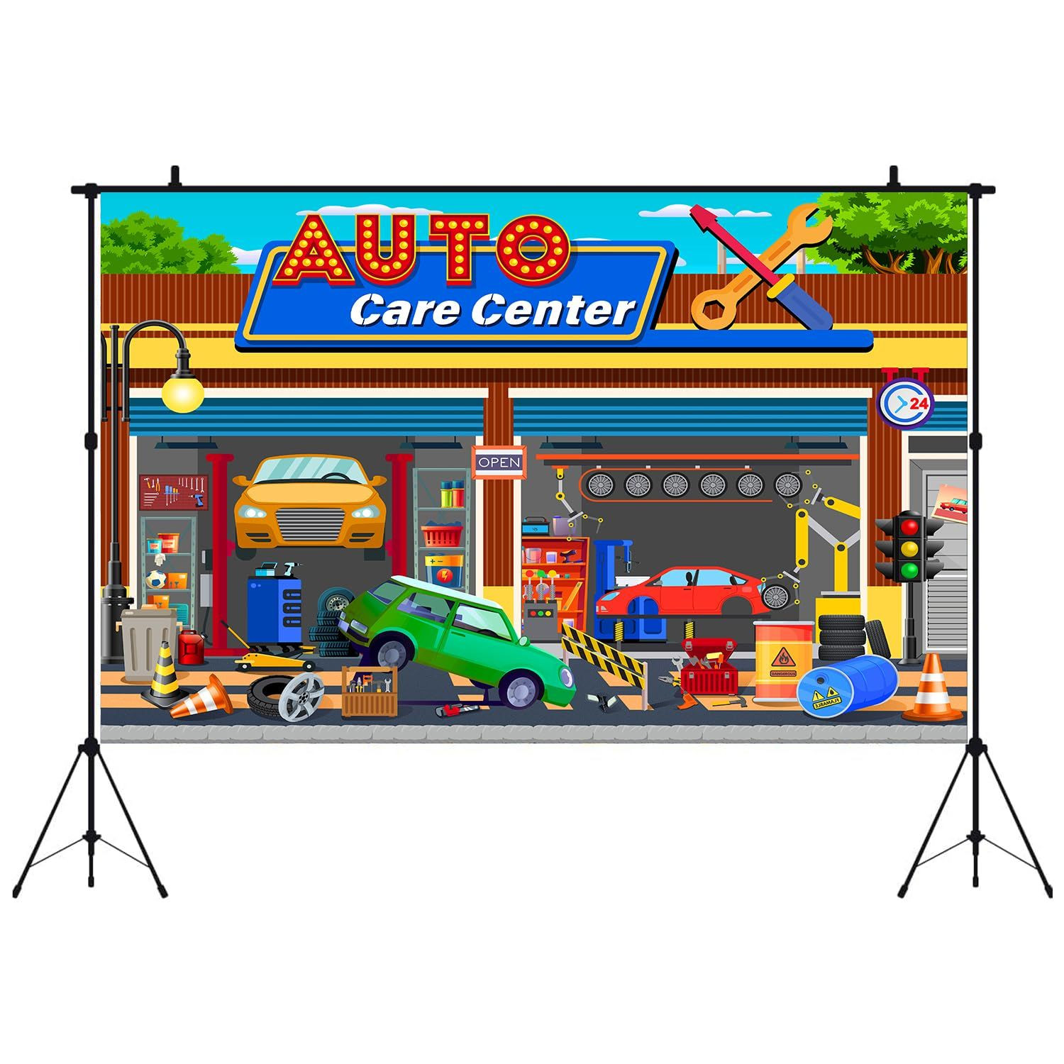 HANYING Cartoon Auto Repair Shop Backdrop for Boy Birthday 7x5ft, colorful