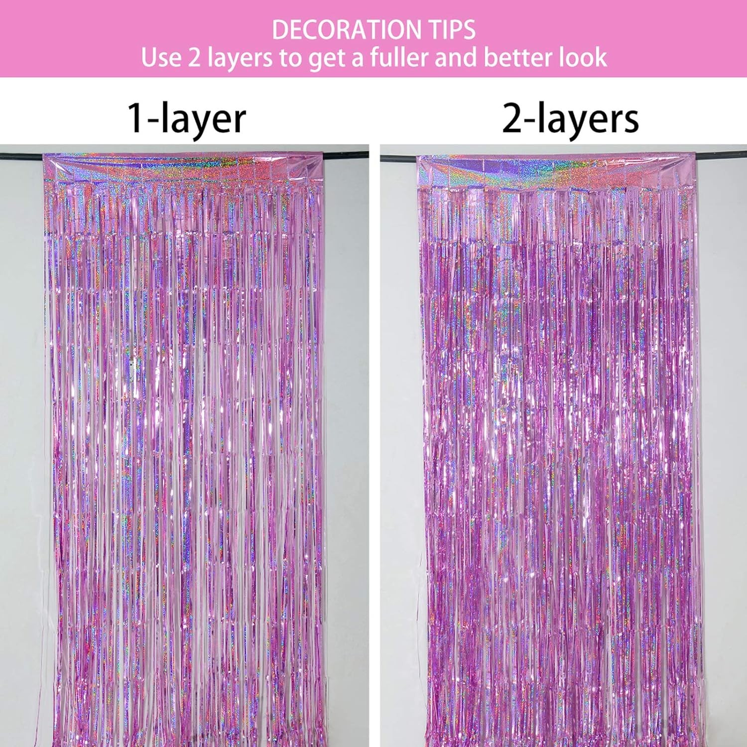 Melsan 2 Pack 3.2 ft x 8.2 Tinsel Foil Fringe x ft, Pinkish Purple