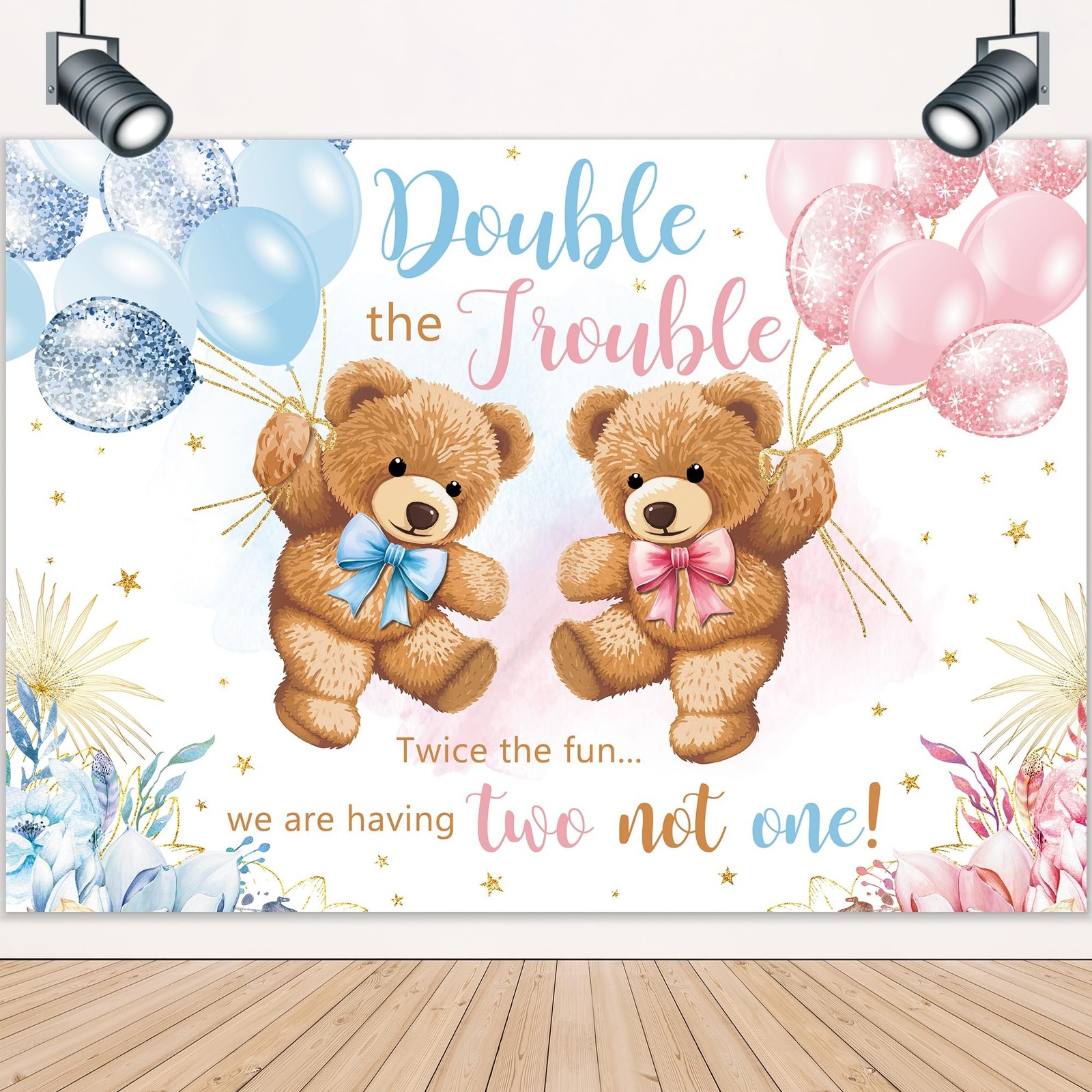 7Wx5H Feet Double The Trouble Twins Baby Shower Gender Reveal Backdrop