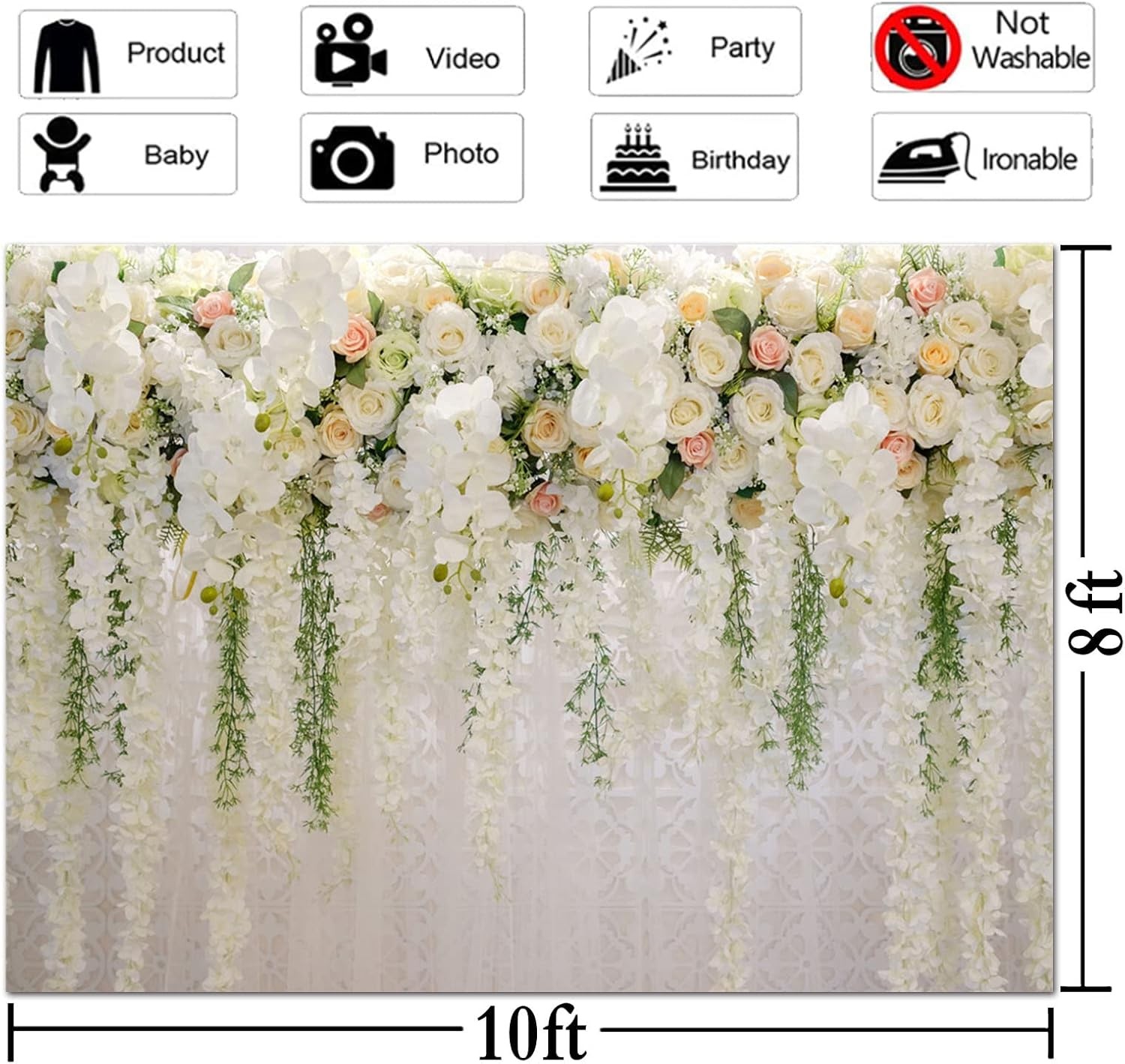10x8ft White Rose Floral Theme 10x8FT(300CM X 240CM）, Rose,White