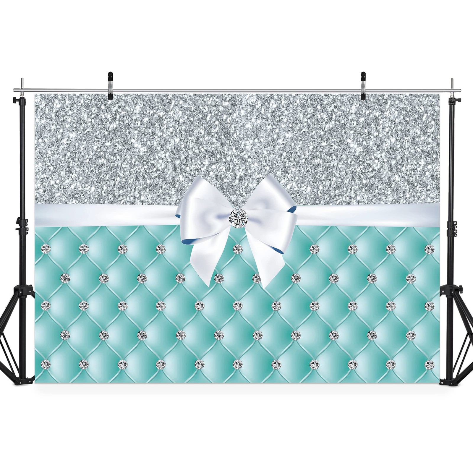 Breakfast Silver Blue Diamonds Bowknot Backdrop 7×5 Feet Teal Bridal Shower W…