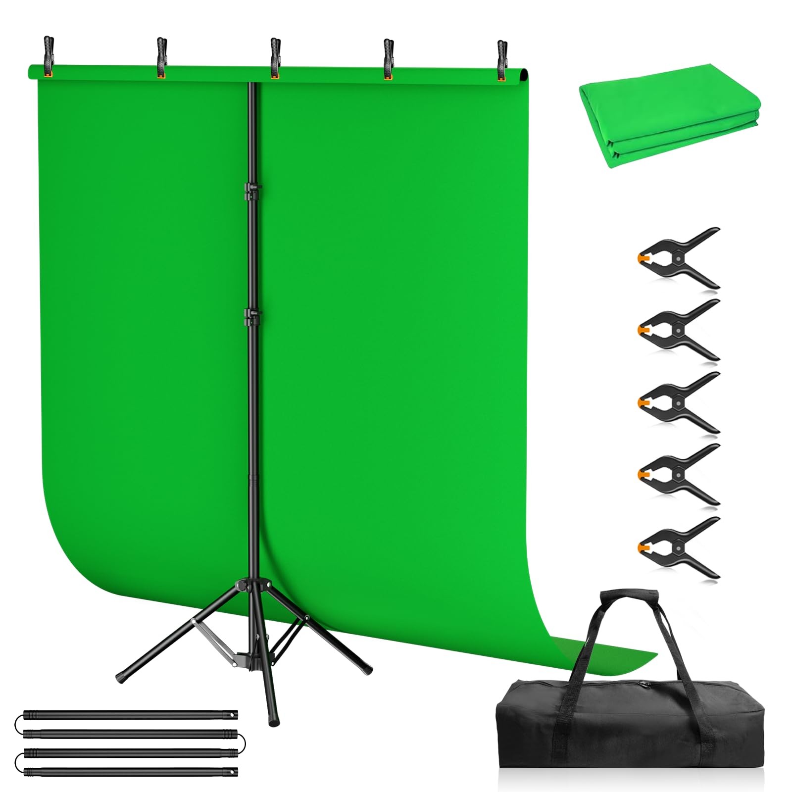 5×7 Ft Portable Green Screen Backdrop Kit TShaped Stand 5 Clamps Bag