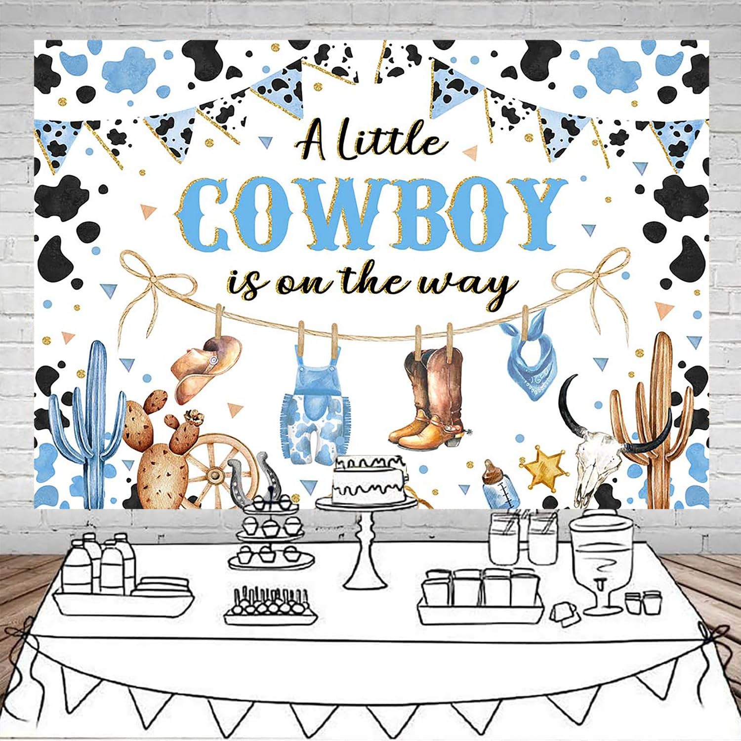 Mocsicka Cowboy Baby Shower Backdrop for Boy Blue A Little 7x5ft, blue
