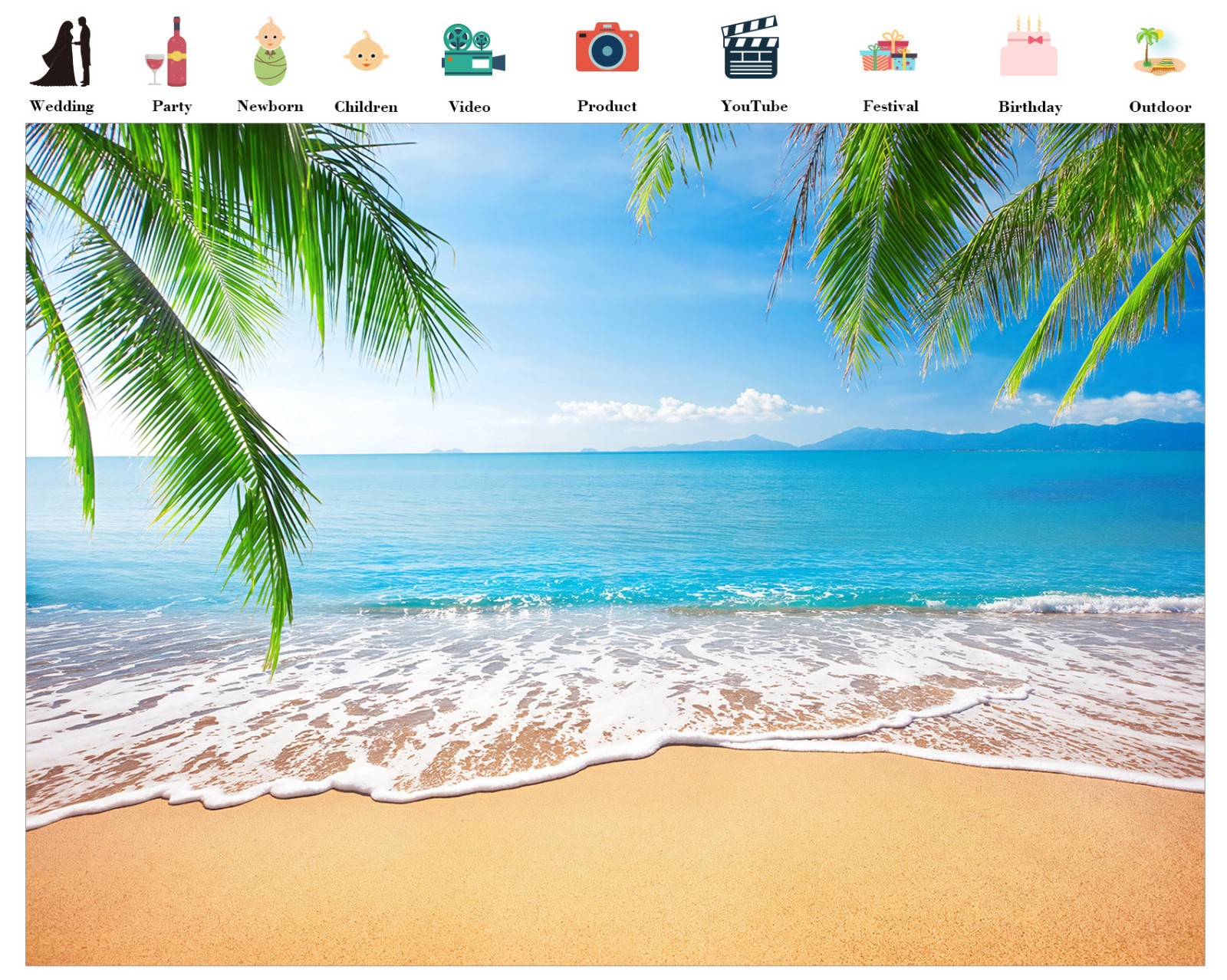 10x8ft Blue Ocean Beach Backdrop Tropical Palm Leaf Background for Photography