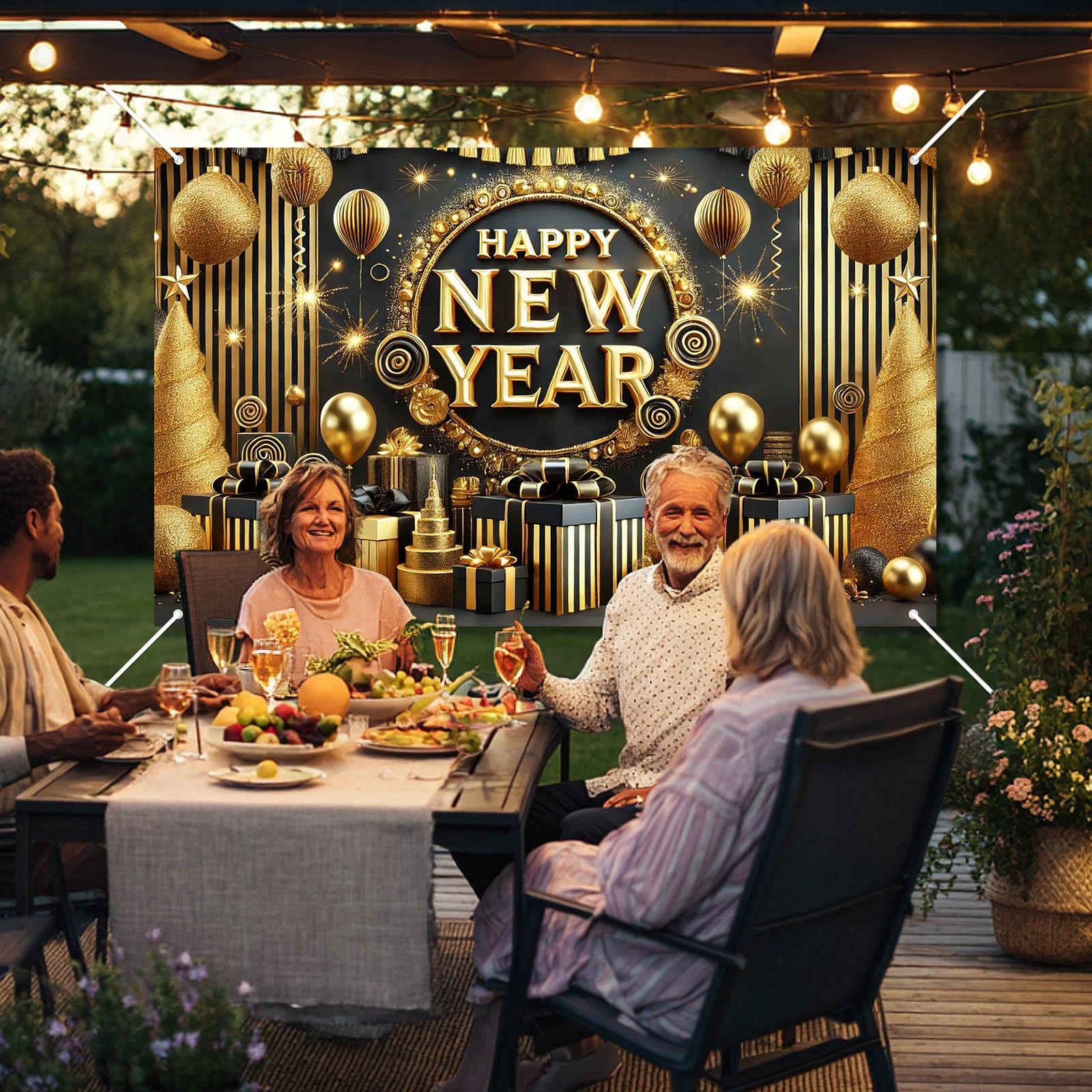 Black Gold Happy New Year Backdrop Luxury Fireworks Celebration Background