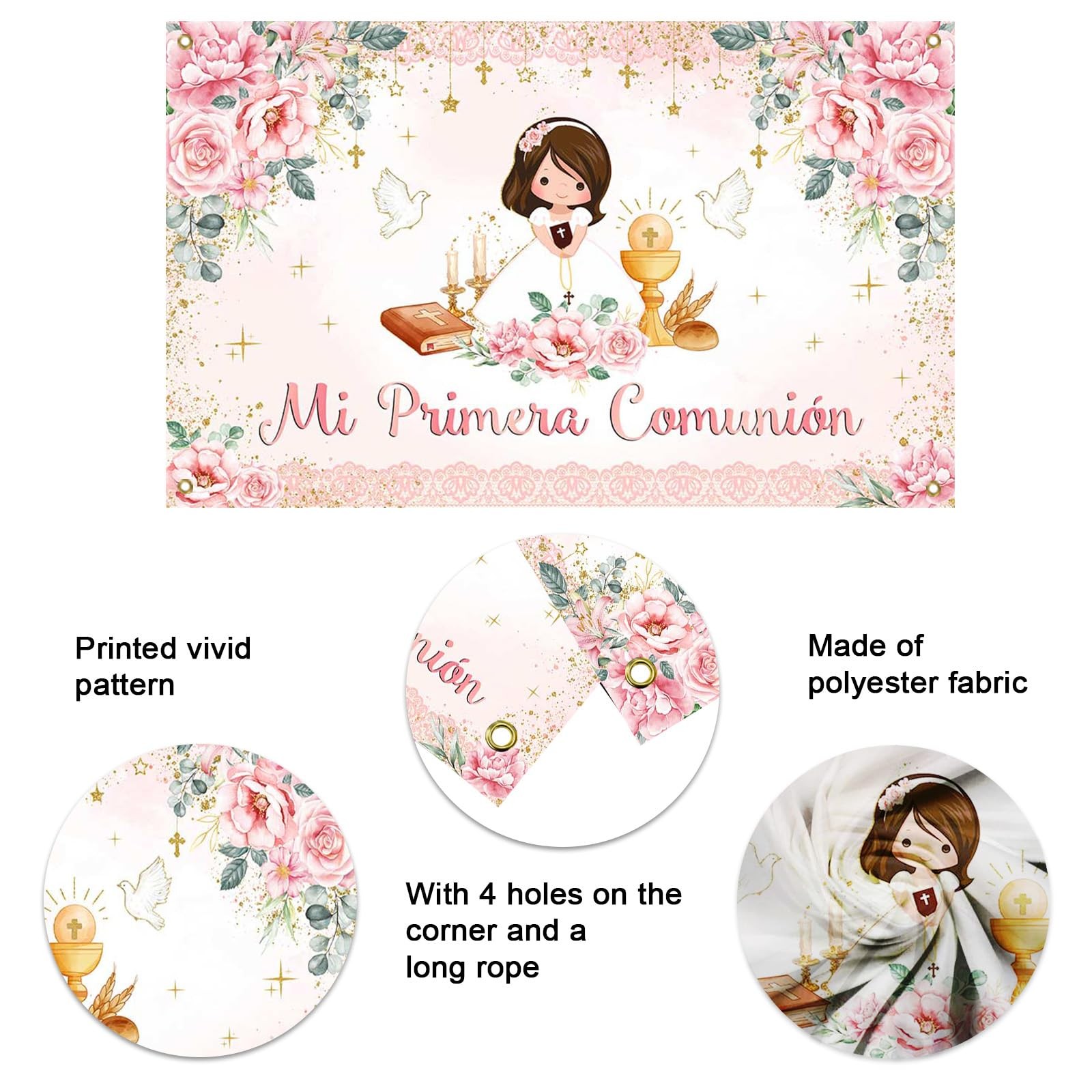 Mi Primera Comunion Banner Baptism Backdrop for Girls Pink Floral God Bless F…