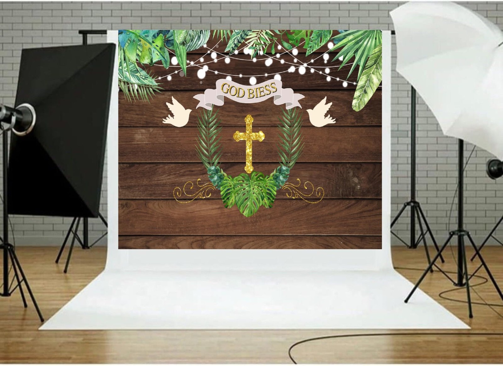 First Holy Communion Backdrop, 7x5FT, Wooden Boards, Flowers, God Bless