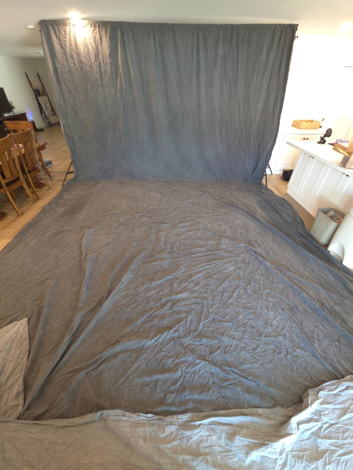 Gray muslin photography backdrop, 14.5′ x 24′, used, Denny Manufacturing