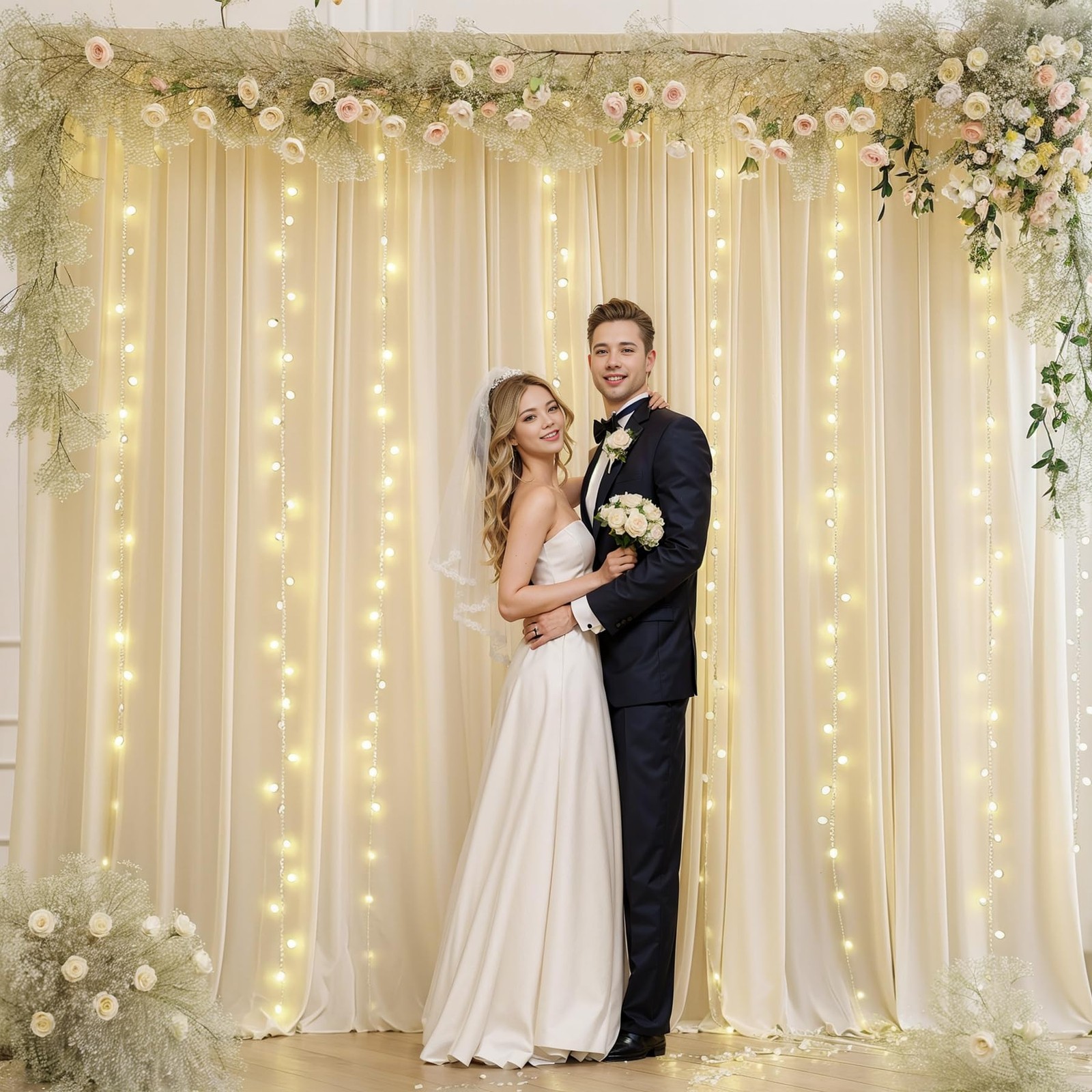10x10FT Beige Backdrop Curtains Lights String Wrinkle Free Polyester Wedding