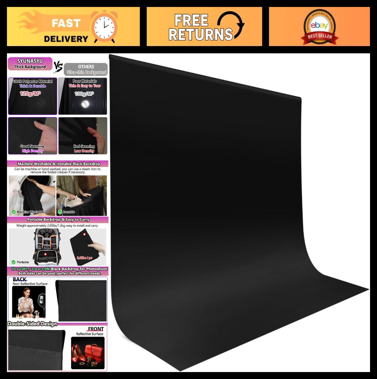 Solid Black Photo Backdrop 10×10 Ft, High-Density Polyester Curtain for Studio,