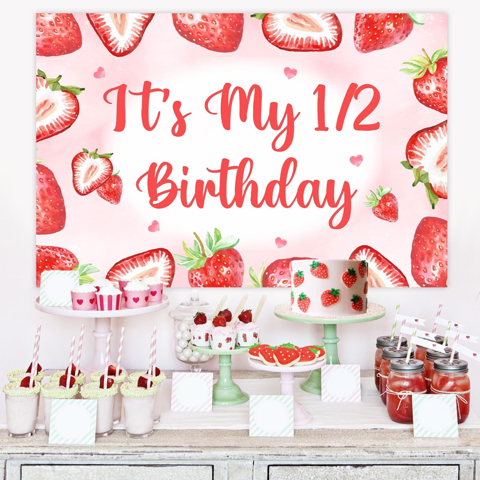Strawberry 1 / 2 Birthday Party Backdrop 3×5 FT Berry Sweet Half Year Old