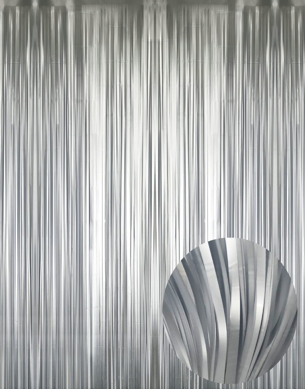 2 PCS Matte Silver Metallic Tinsel Foil Fringe Curtains Party Streamer 8.2 Ft