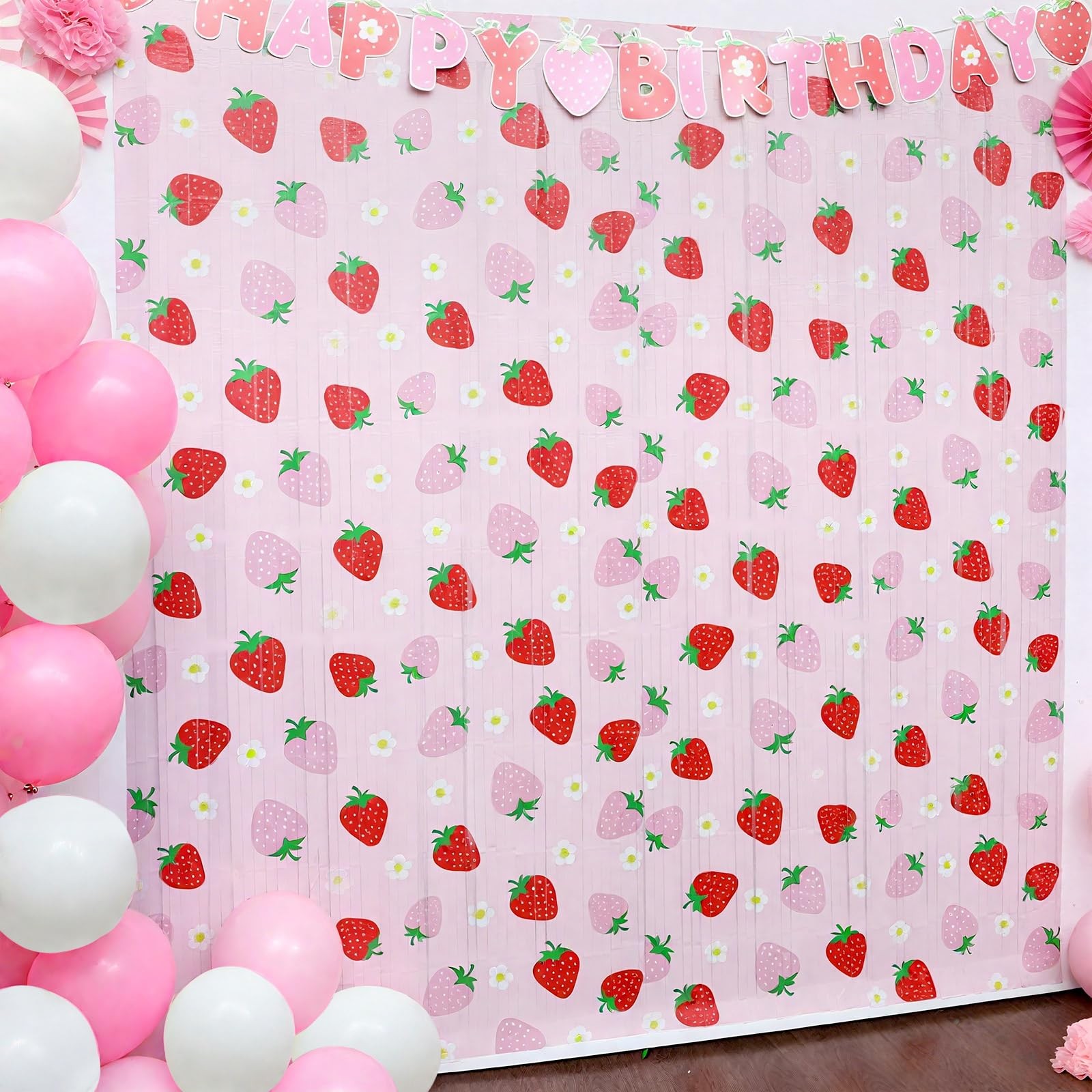 2 PCS Strawberry Foil Fringe Curtain Birthday Party Backdrop 3.3×6.6 FT