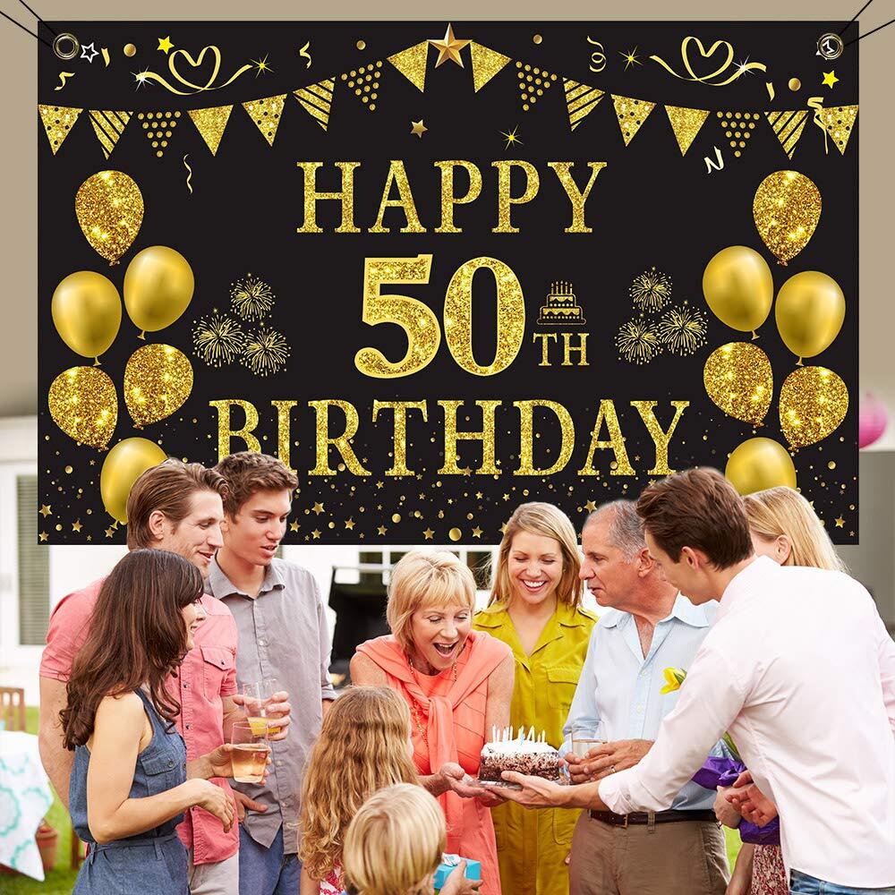 50th Birthday Backdrop Gold and Black 5.9 X 3.6 Fts Happy Birthday Party Deco…