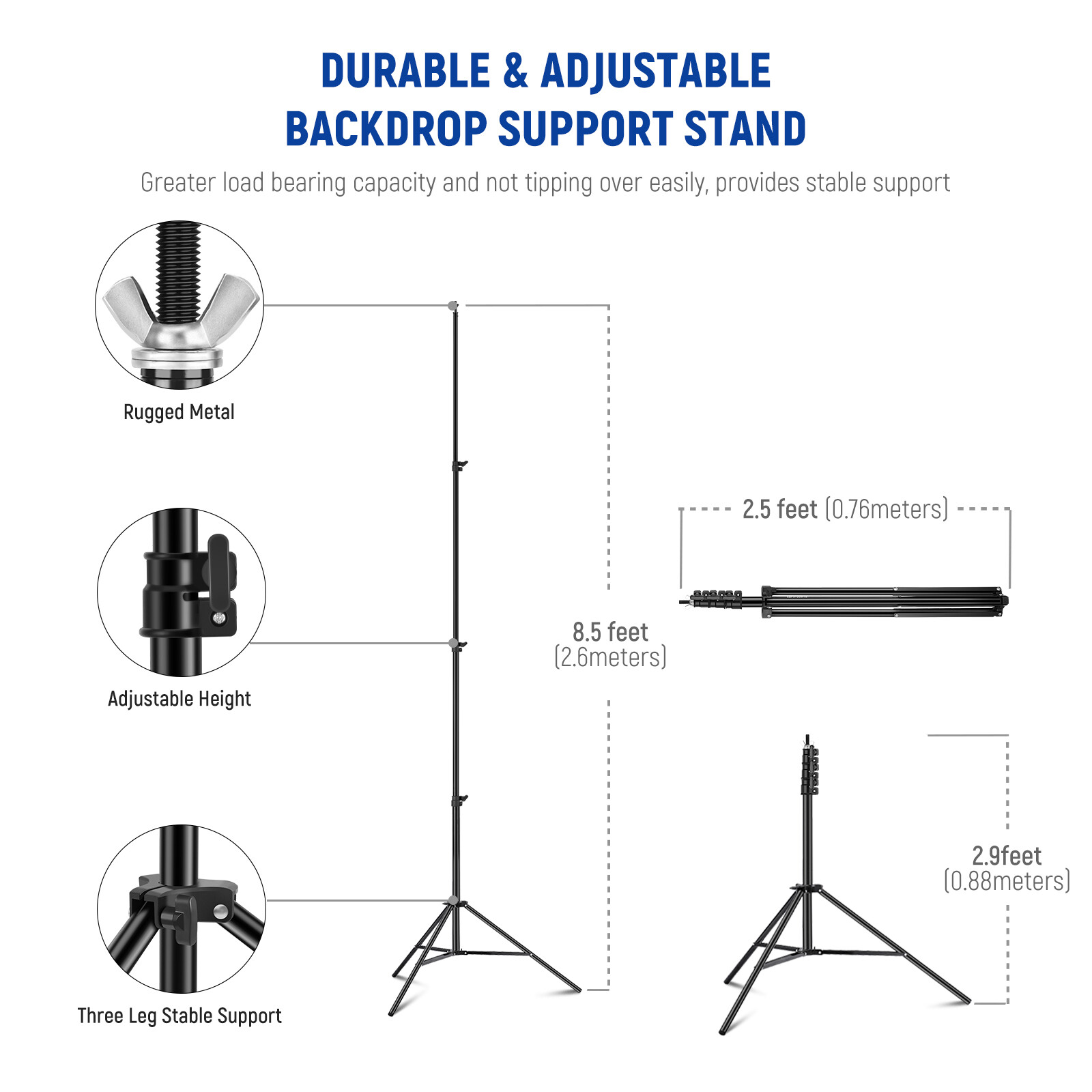 NEEWER 8.5x10ft Adjustable Backdrop Stand Kit with 4 Crossbars, 6 Spring Clamps