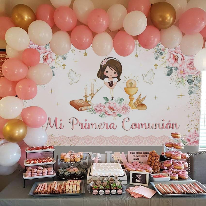 Mi Primera Comunion Banner Baptism Backdrop for Girls Pink Floral God Bless F…