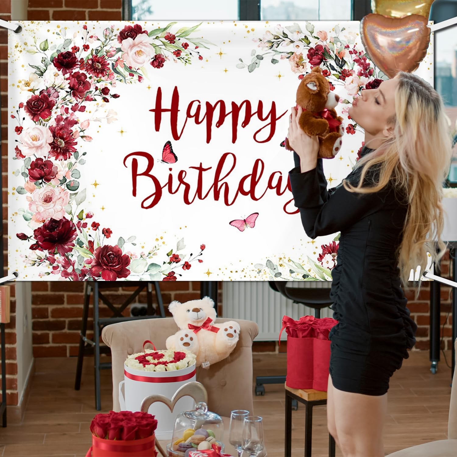 Happy Birthday Backdrop for Women Flower Photography Background Red Floral Birth