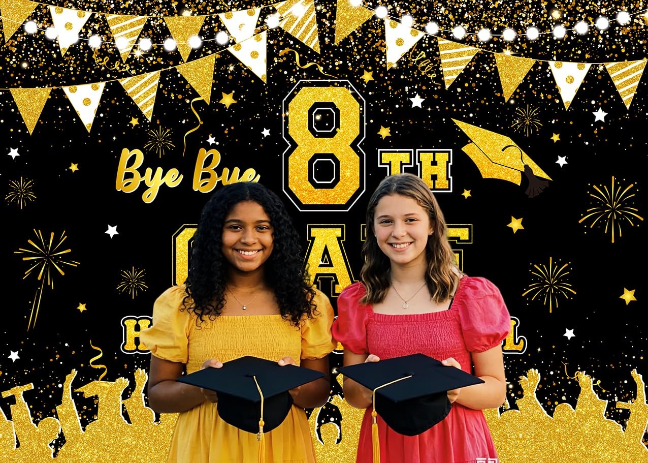 Bye Bye 8th Grade Hello High School Backdrop 7x5ft Graduation Black Gold