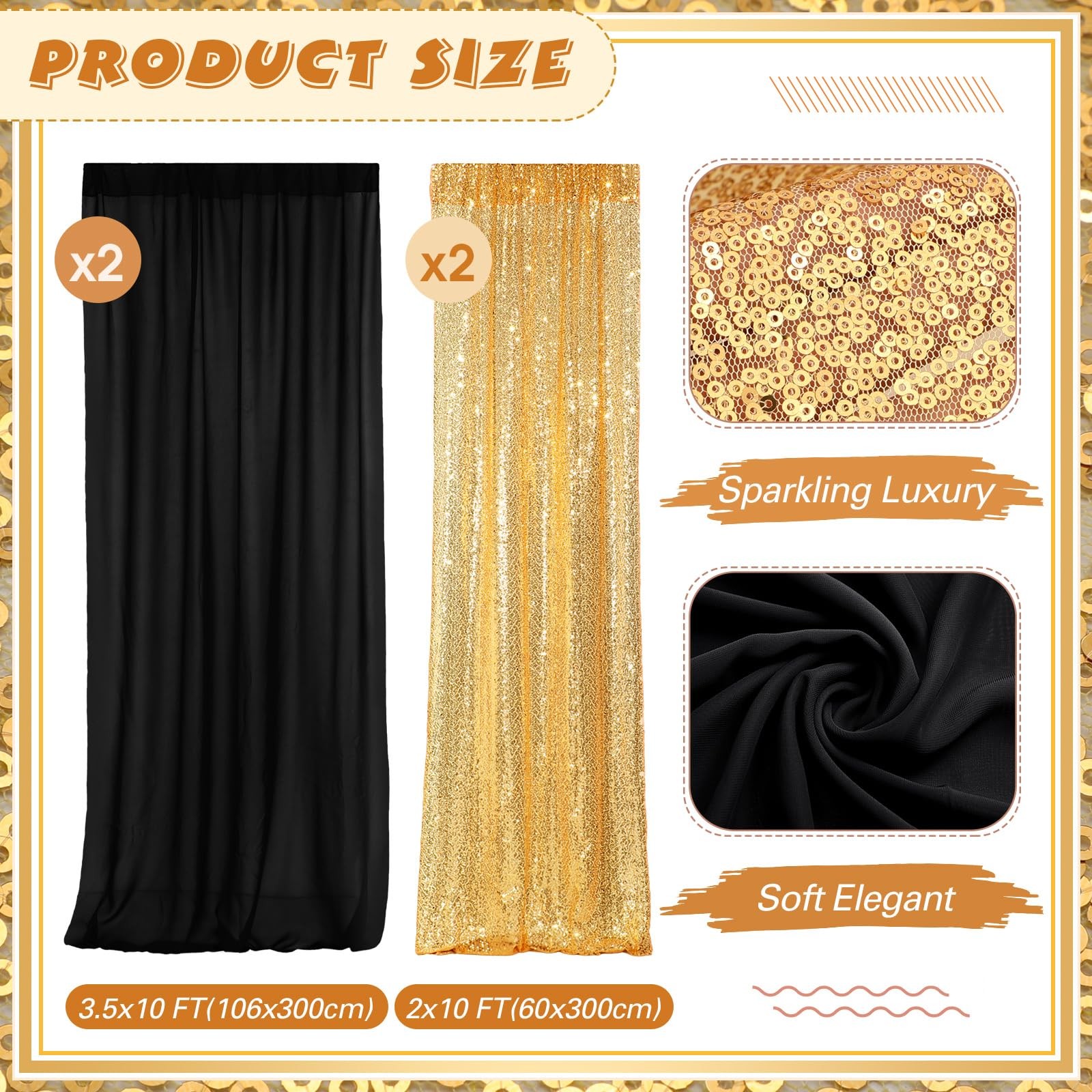 4 Panels Backdrop Curtains 2 Pcs 4 x 10 ft Sequin Glitter 2 Pcs 7 x 10 ft Chi…