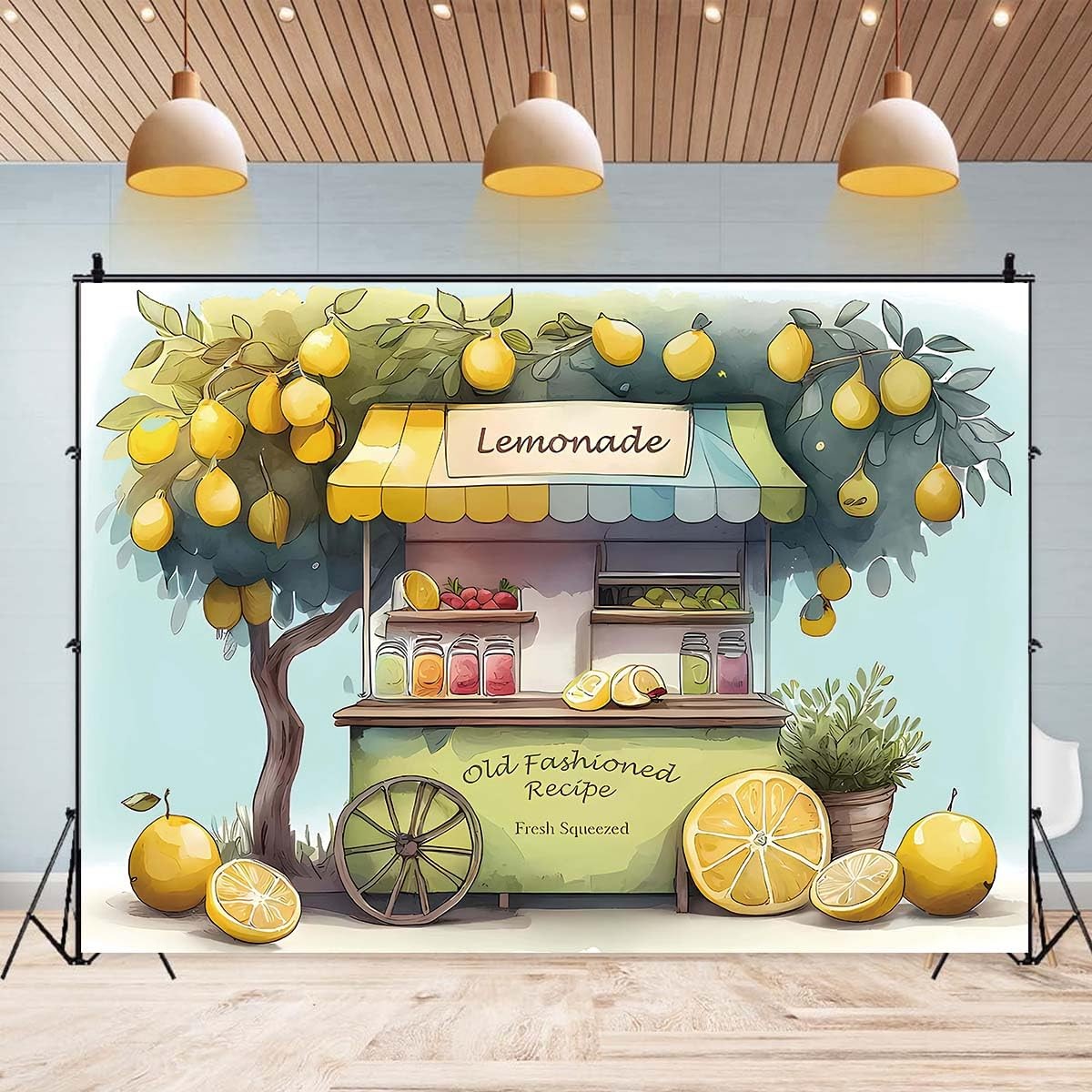 Summer Fruit Lemon Stand Market Photography Backdrop Yellow Tree Kids 7×5 FT