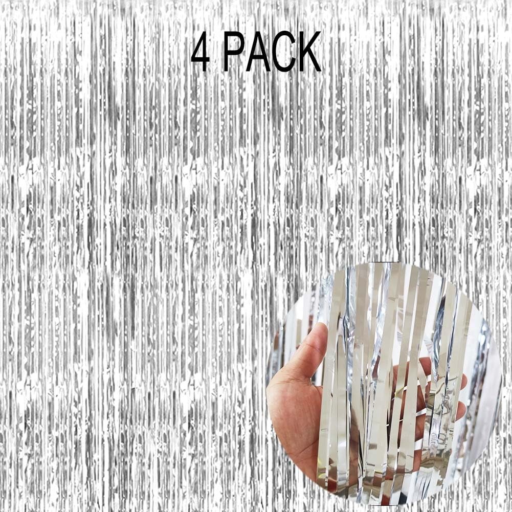 4 Pack Silver Foil Fringe Curtain – Metallic Tinsel Streamer Backdrop
