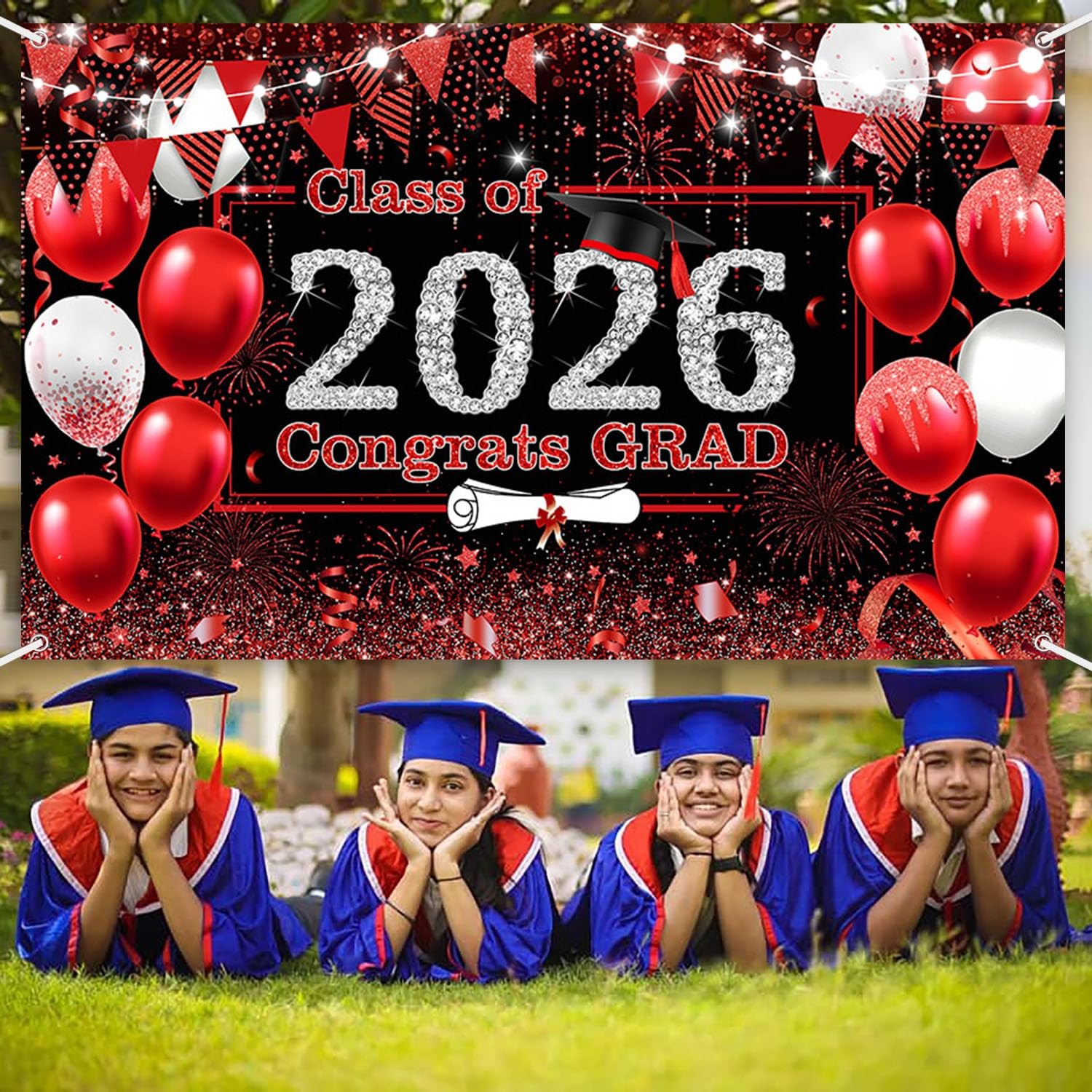 Red Graduation Backdrop Red and Black Graduation Decorations 2026 Congrats Grad