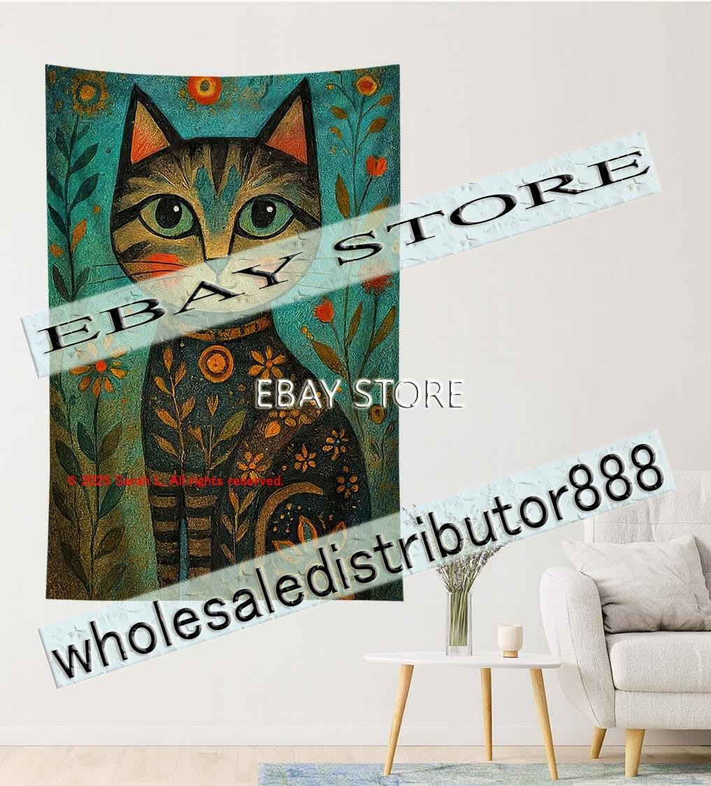 Tapestry Nouveau Cat Portrait Photography background 59X82 in