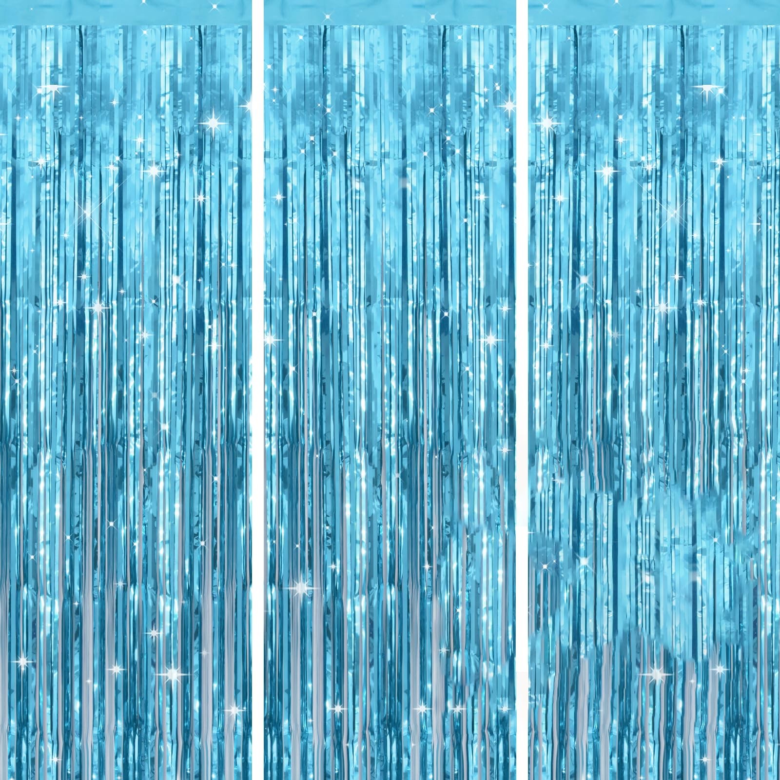Light Blue Tinsel Foil Fringe Curtain Photo Backdrop 3.2×6.5 Ft 3 Pack