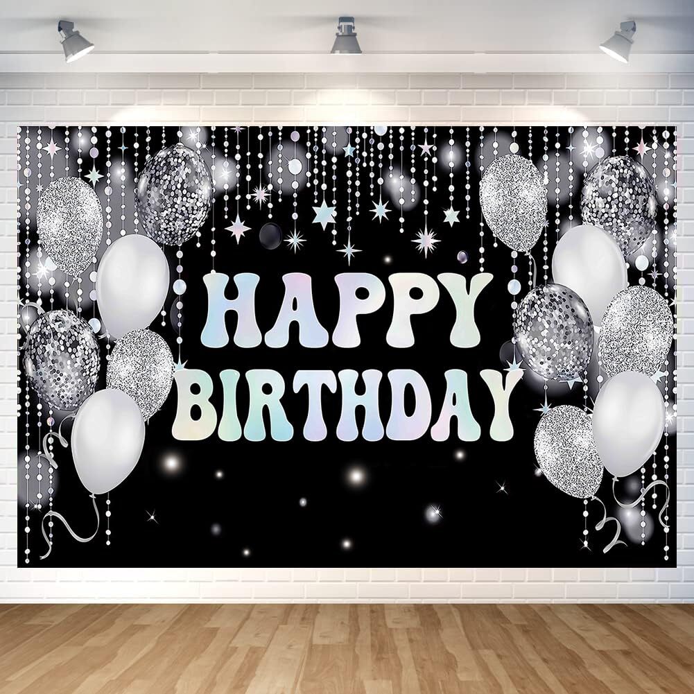 Silver Black Birthday Party Backdrop Silver Black Happy Birthday Banner Silver