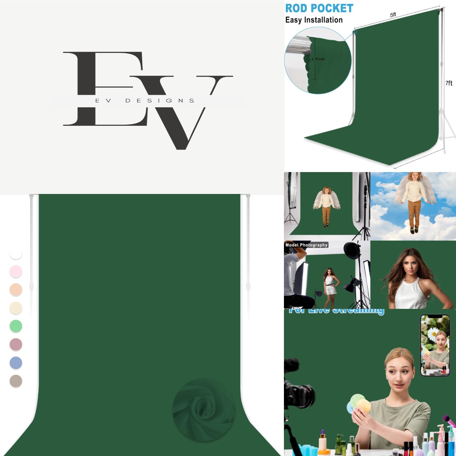 Elegant 5×7 FT Dark Green Backdrop for Professional Photoshoots & Live Streams