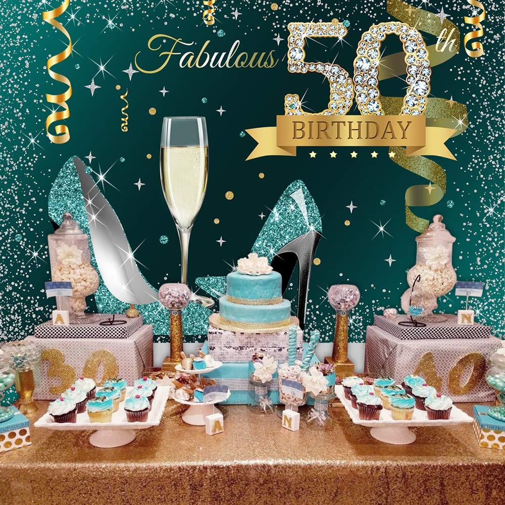 Sensfun Teal Gold Happy 50th Birthday Backdrop Glitter Silver 7x5ft, xq0769