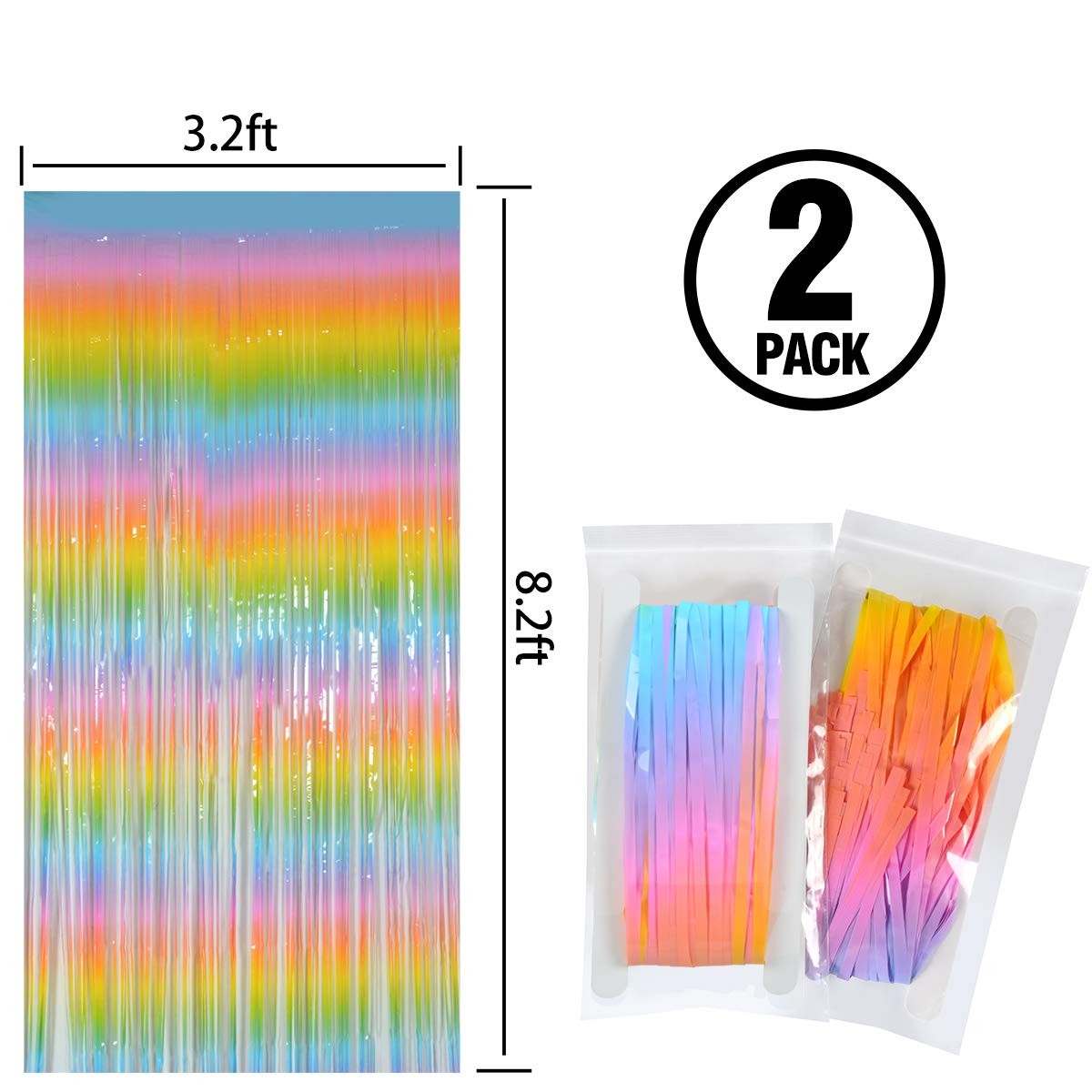 2 PCS 3.2×8.2 Ft Macaron Rainbow Foil Fringe Curtains Easter Backdrop