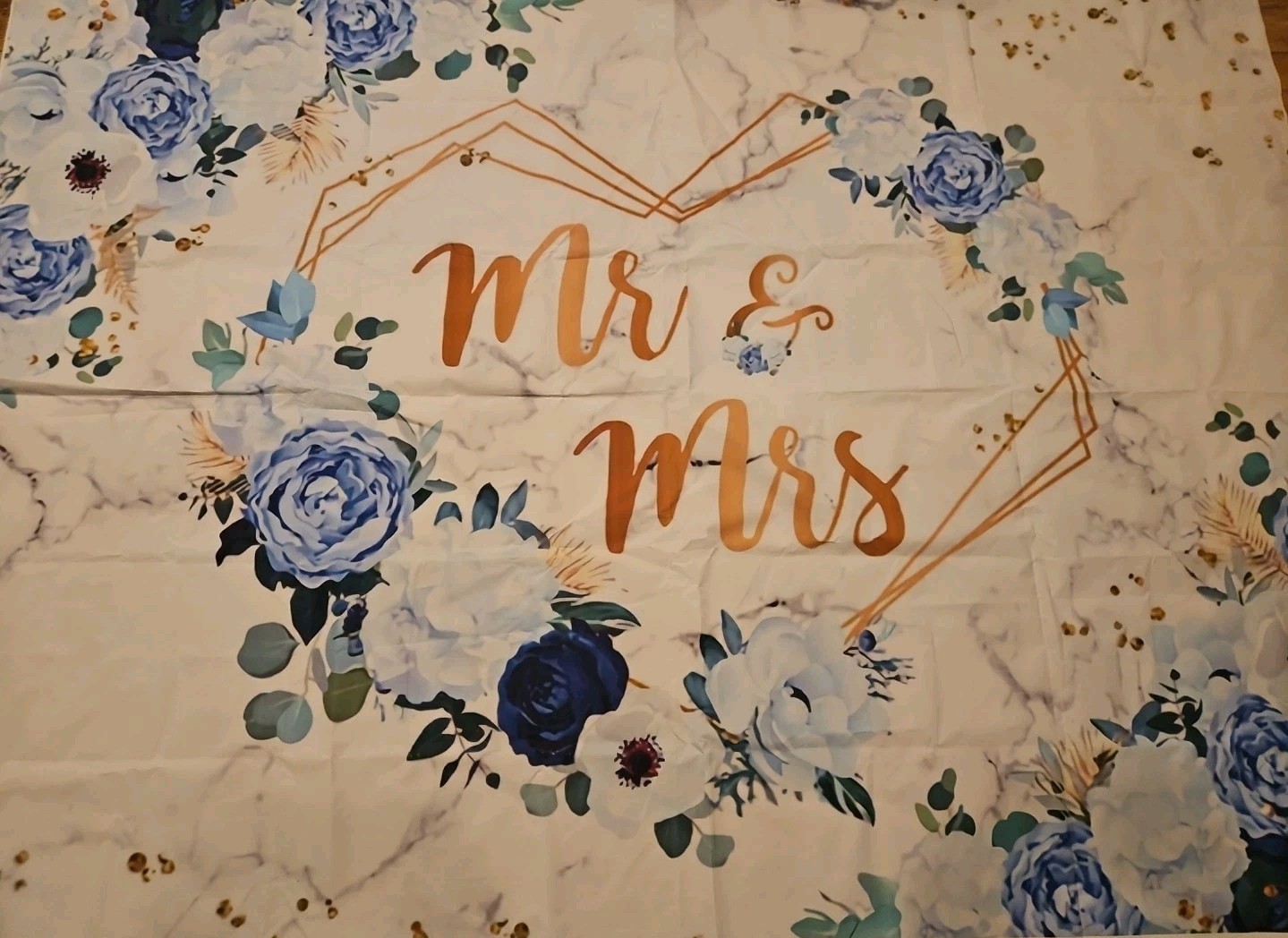 7x5ft Mr and Mrs Floral Backdrop for Wedding/Shower Blue and White Flowers Photo