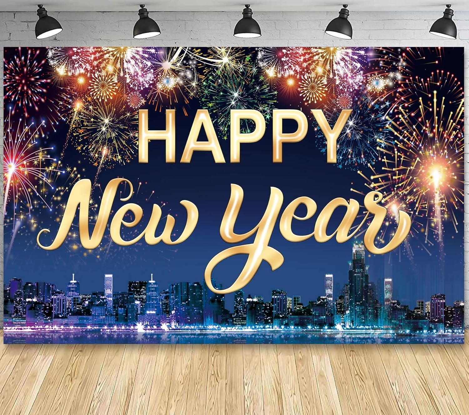 Famoby Happy New Year Fabric Sign Poster Banner Backdrop with Fireworks Large