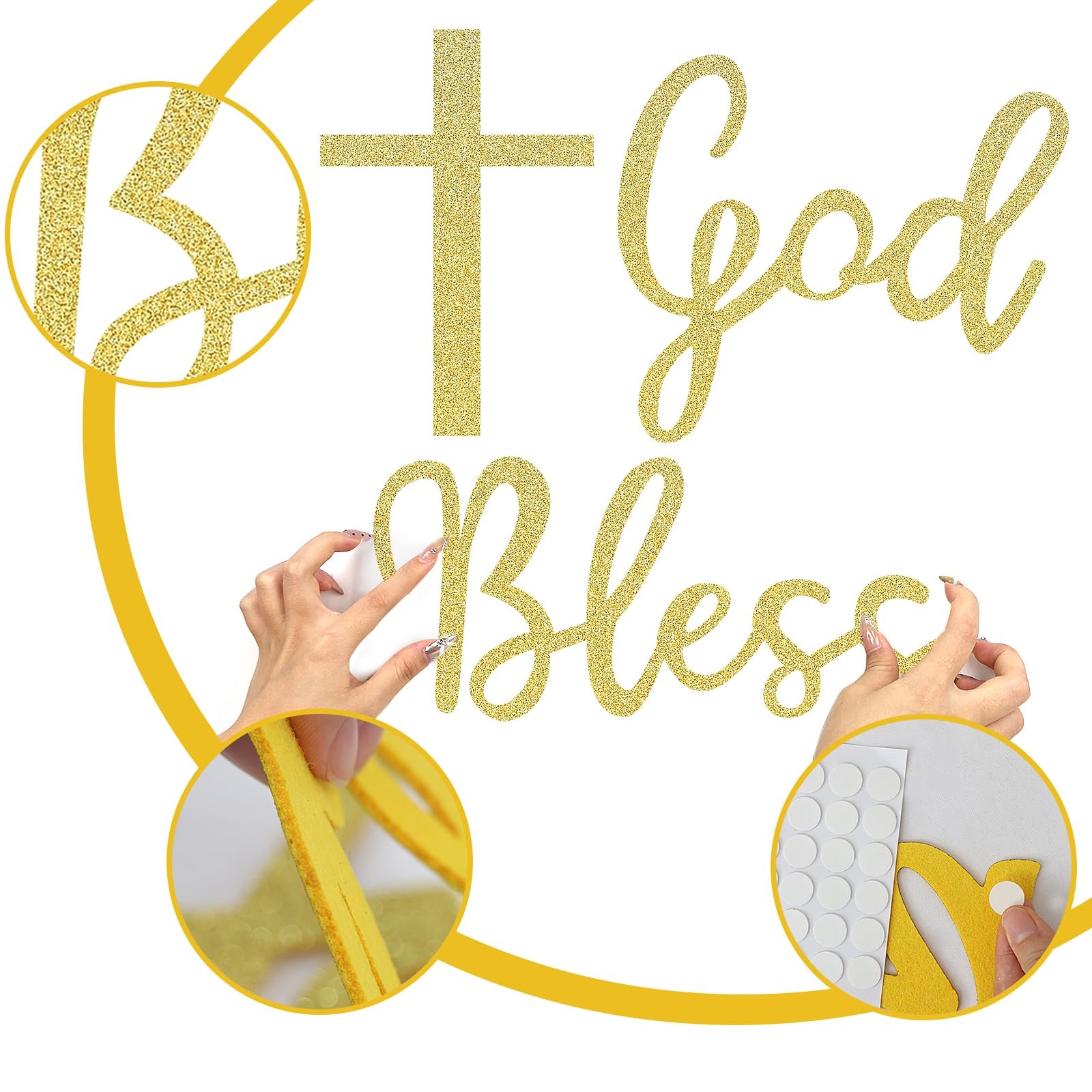 God Bless Cross Sign Backdrop Glitter Gold Felt Baptism Party First Communion