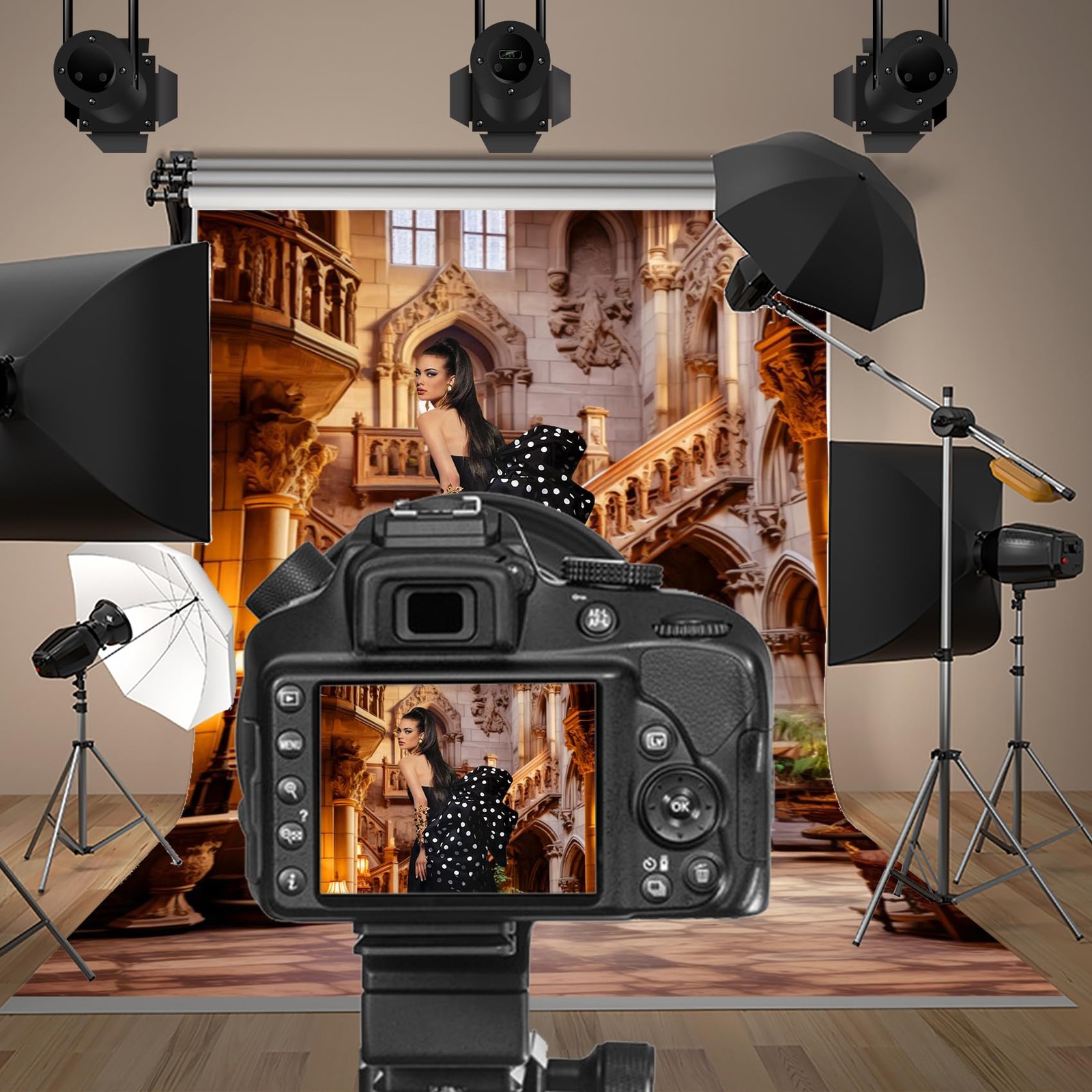 Elegant Ancient European Red Staircase Studio Photography Background 8x10ft