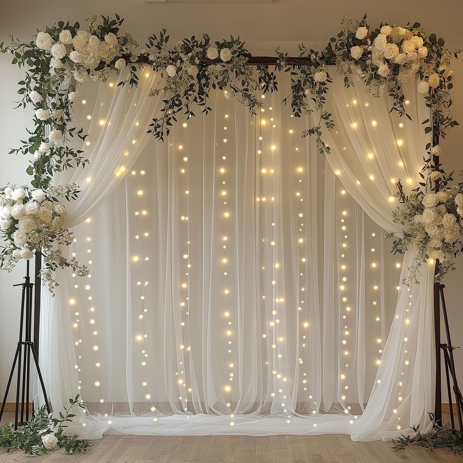 EMHOLDBU 10x10ft White Tulle Backdrop Curtain with Lights String Sheer Drapes