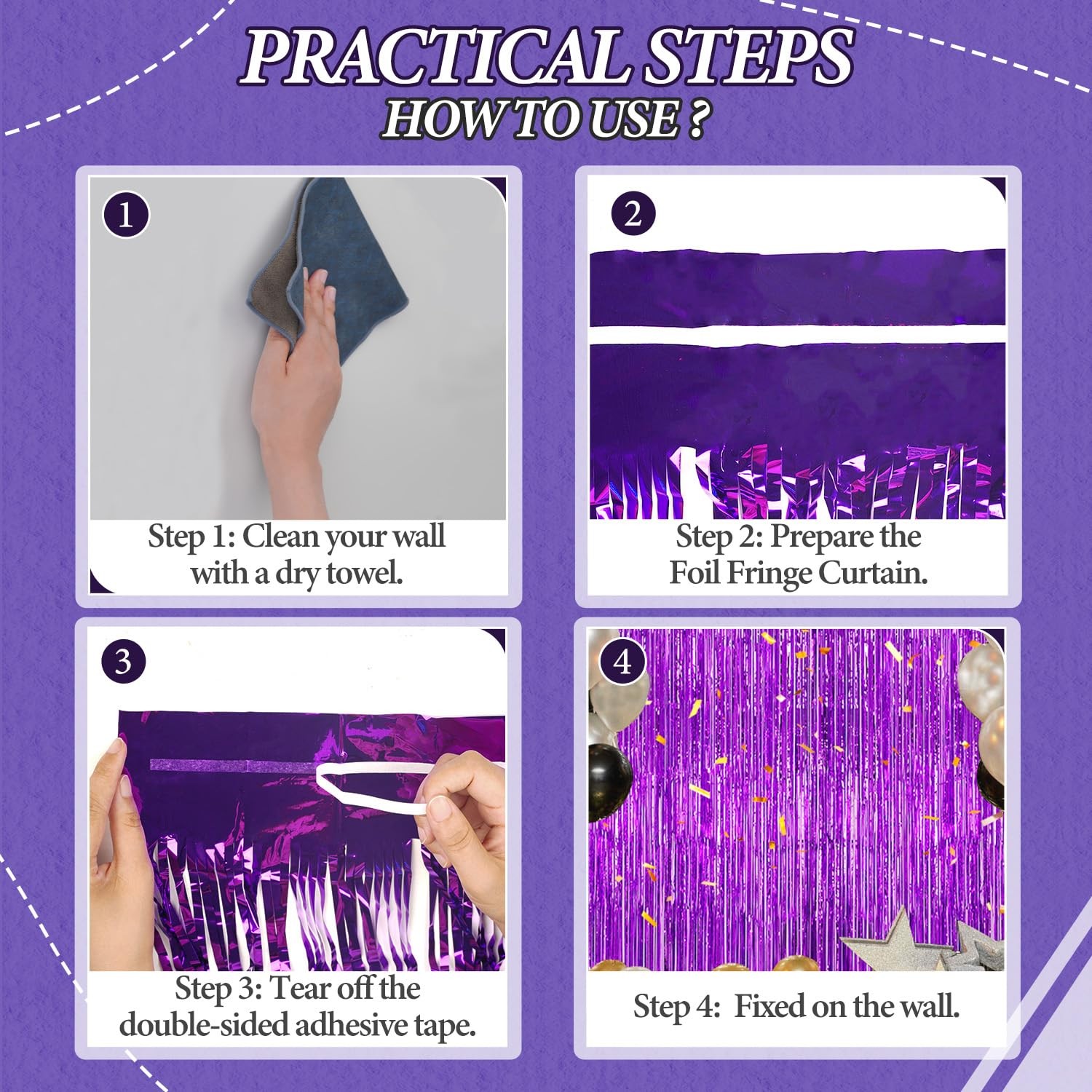 DECOCKRAT 3 Pack Foil Fringe Backdrop – Purple Shiny Tinsel Curtains for Party