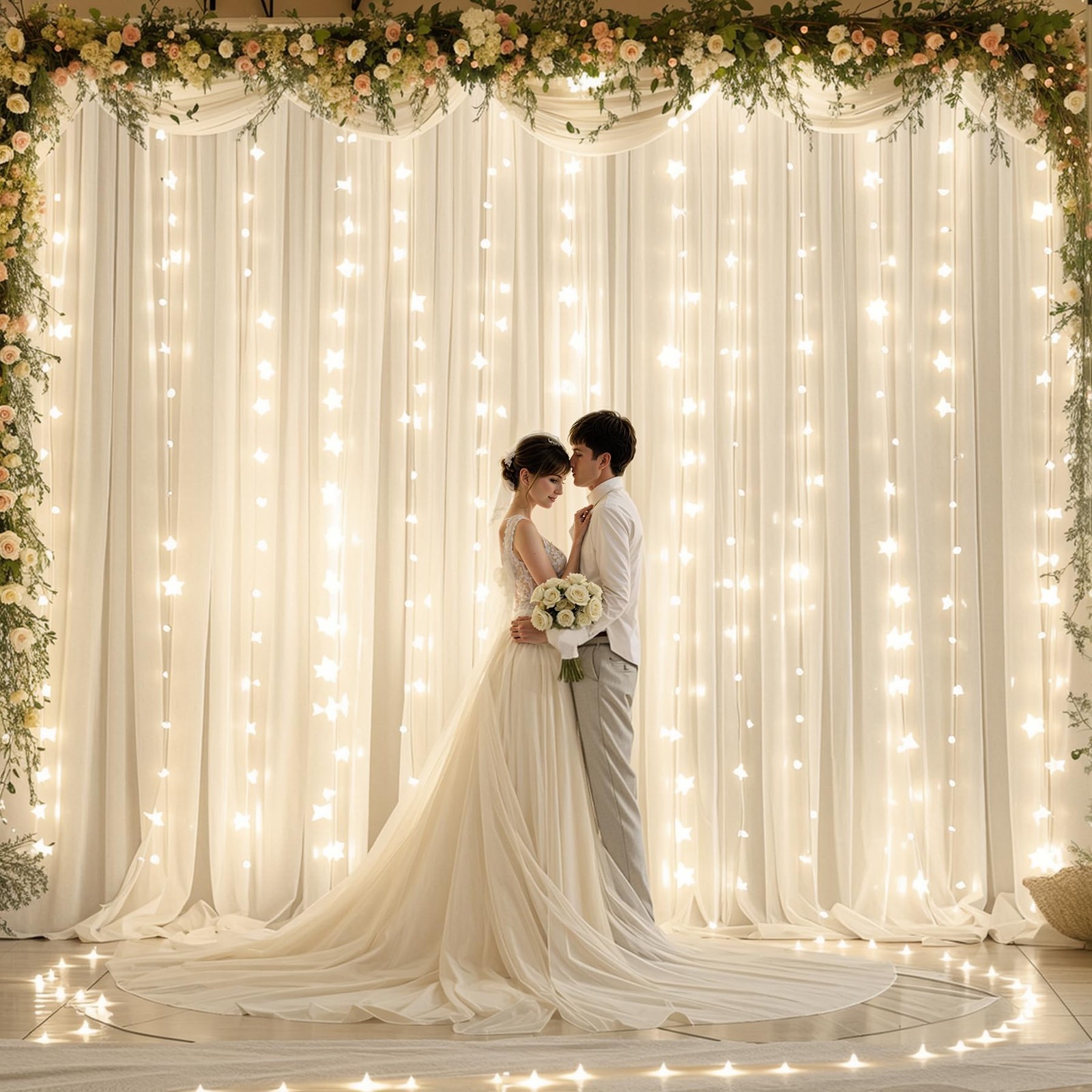 10ft x 10ft Ivory Chiffon Backdrop Curtain with Lights String for Parties2 Pa…