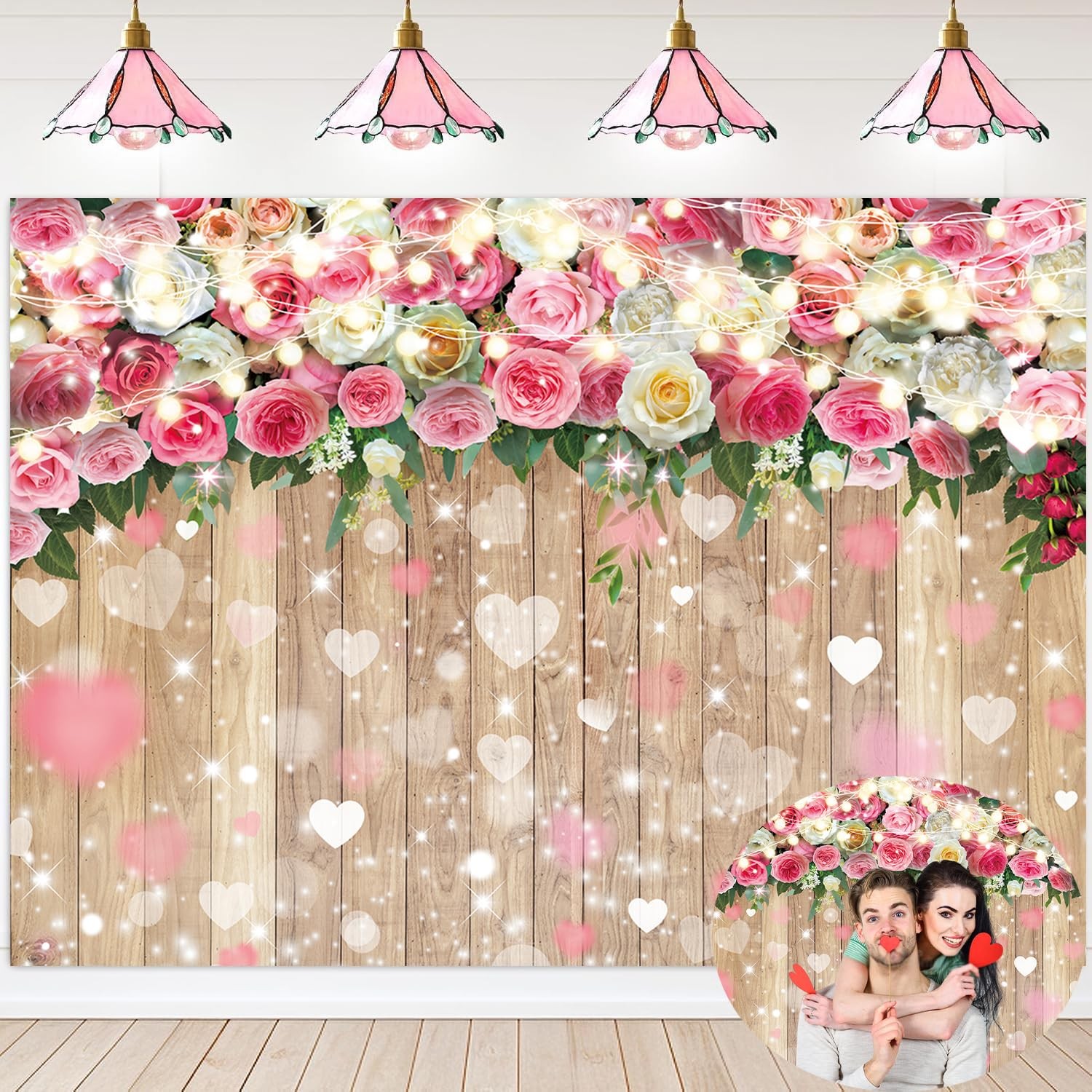 Romantic Pink Rose Flower Backdrop 7x5FT Floral Hearts Wooden Wall Background fo