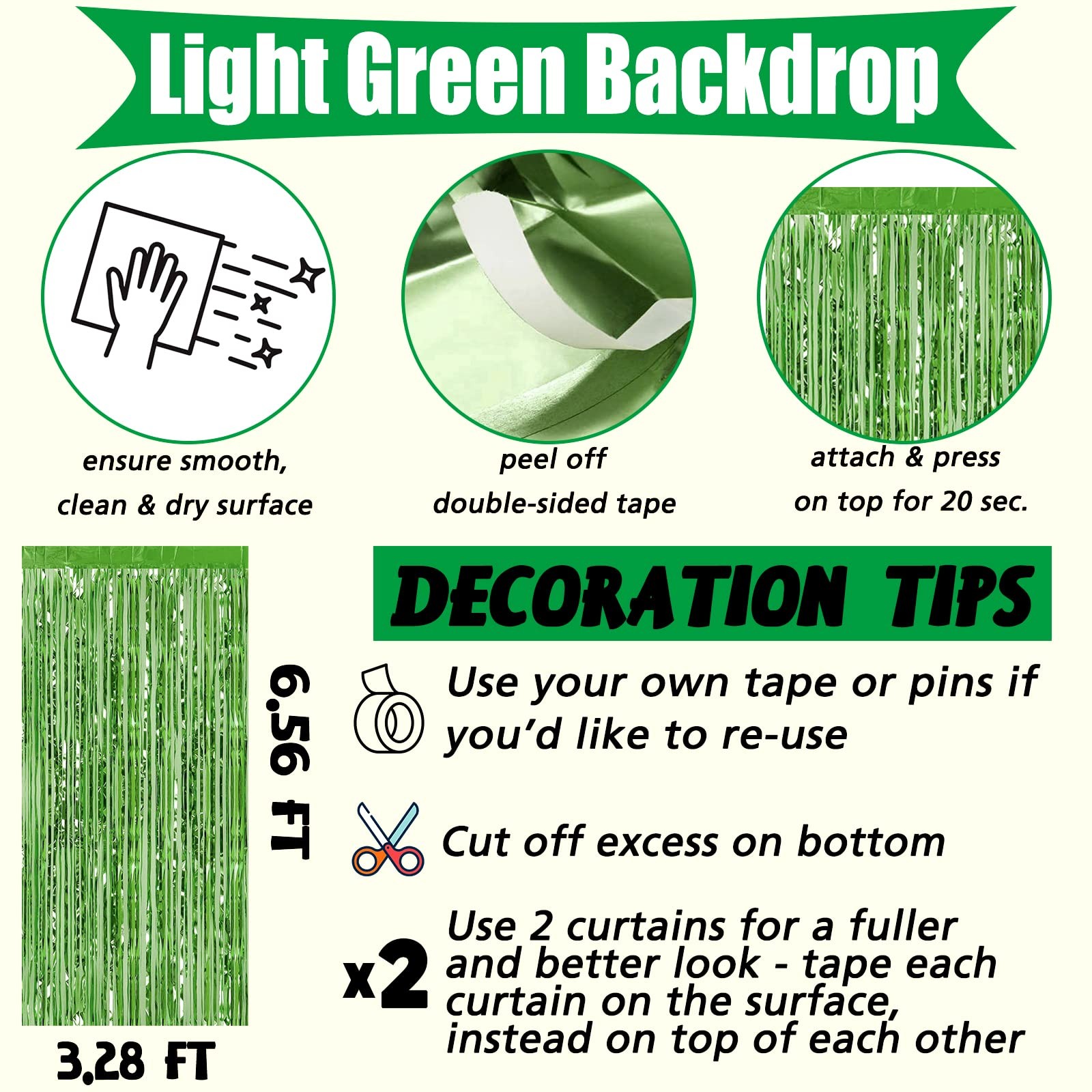 Light Green Metallic Tinsel Foil Fringe Curtains Backdrop Streamers 4 Pack