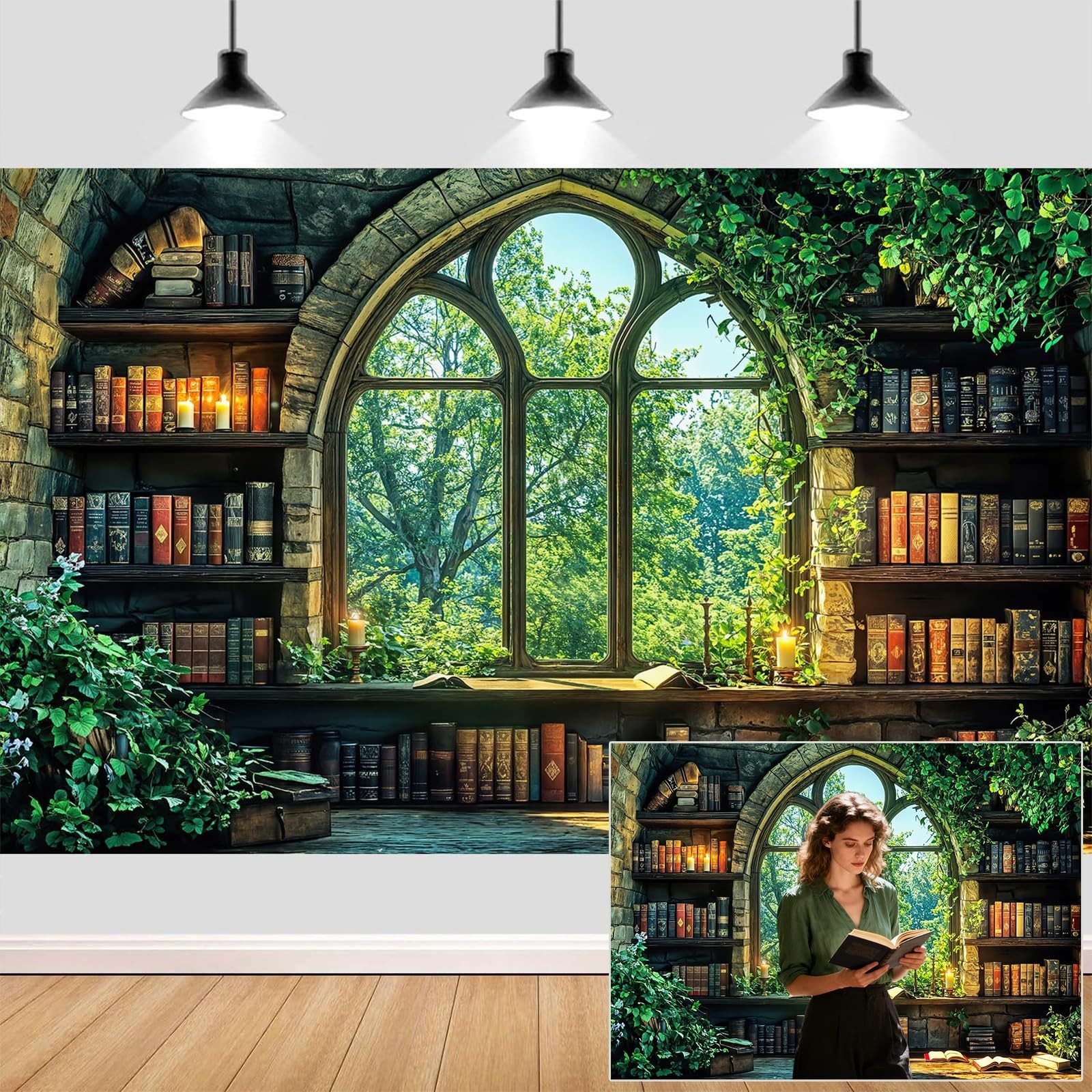Vintage Forest Bookshelf Backdrop 10x8ft – Retro Green Library Photography Prop
