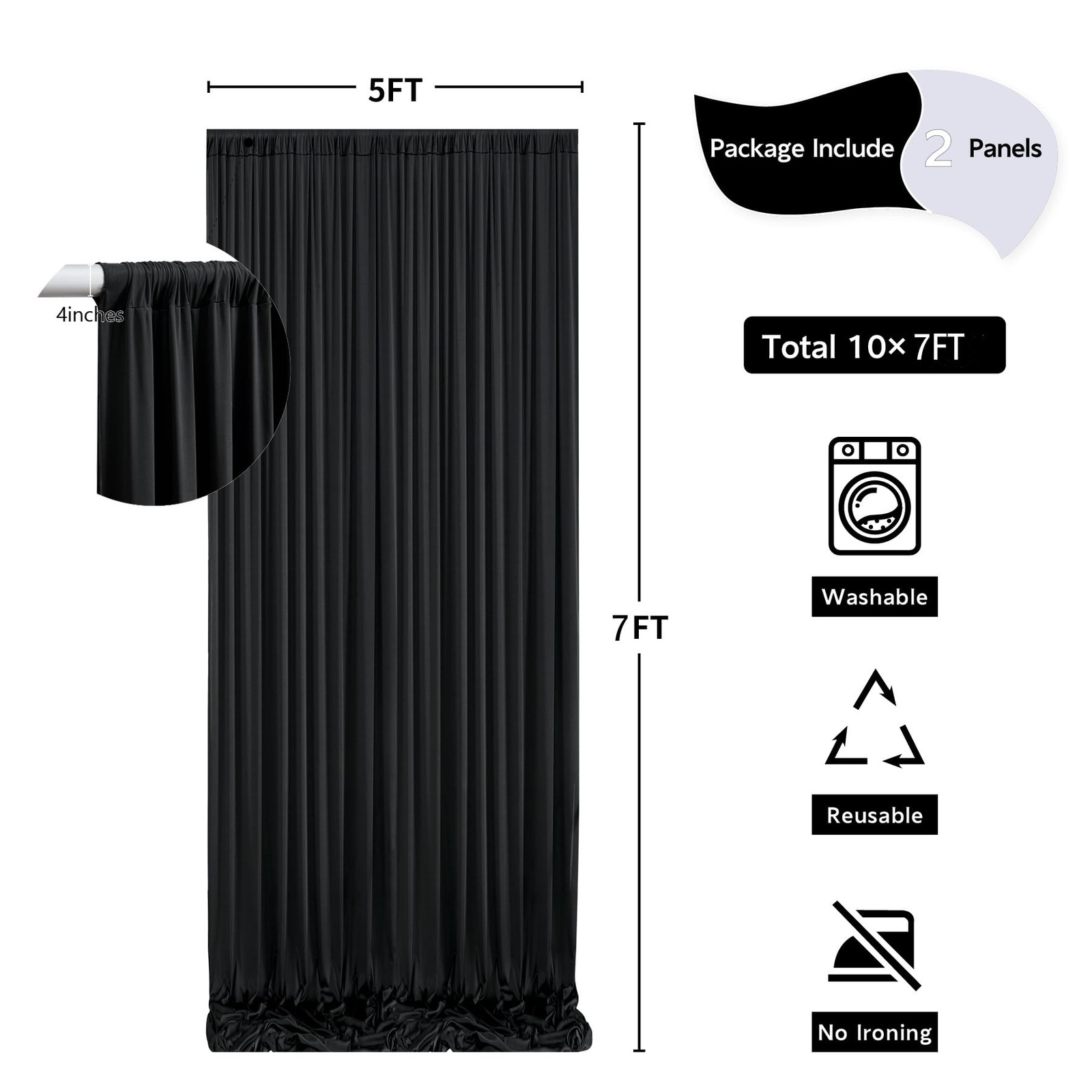 10 ft x 7 ft Free Black Backdrop Curtain for Parties, Polyester Black Photo B…