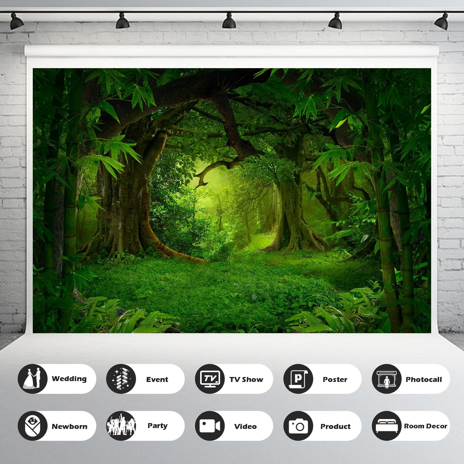 Jungle Forest Backdrop Rainforest Huge Trees Natural 7x5ft, Pure Green