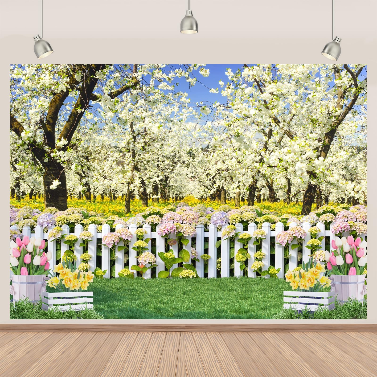 Spring Backdrop Banner 7x5Ft White Yellow Flower Floral 7x5Ft, white