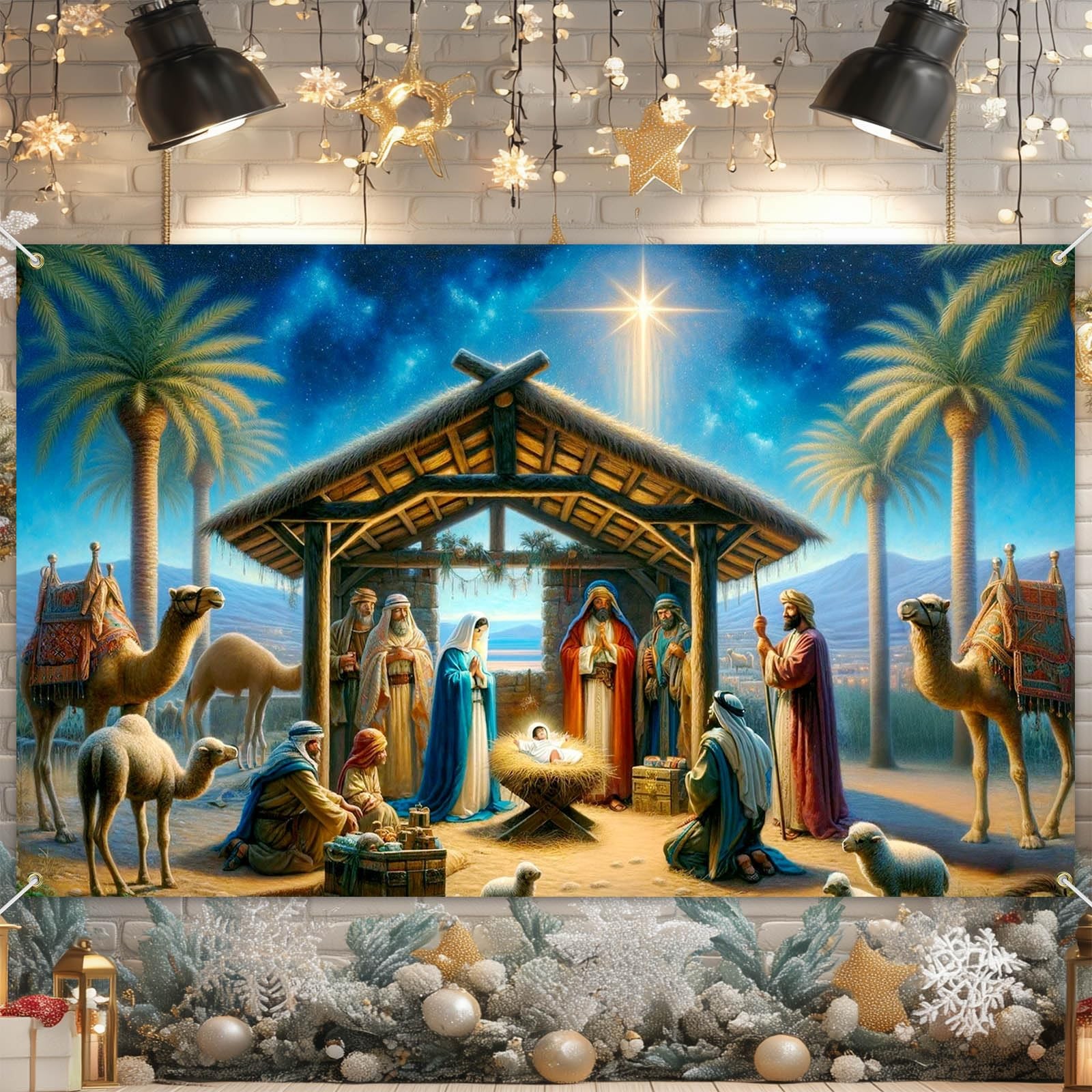 Nativity Scene Christmas Banner 71×43 Inch Holy Night Jesus Birth Backdrop wi…