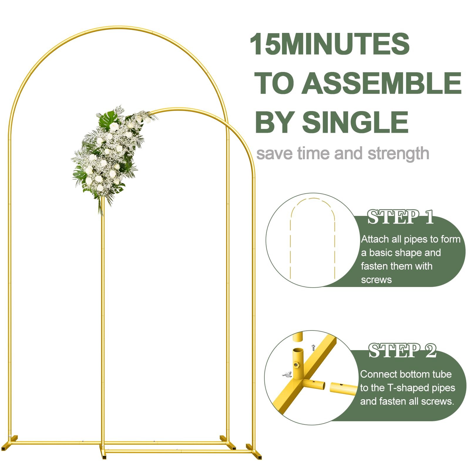 Wedding Arch Backdrop Stand Set of 2 (7.3FT/6FT), Gold Metal Arch Backdrop St…